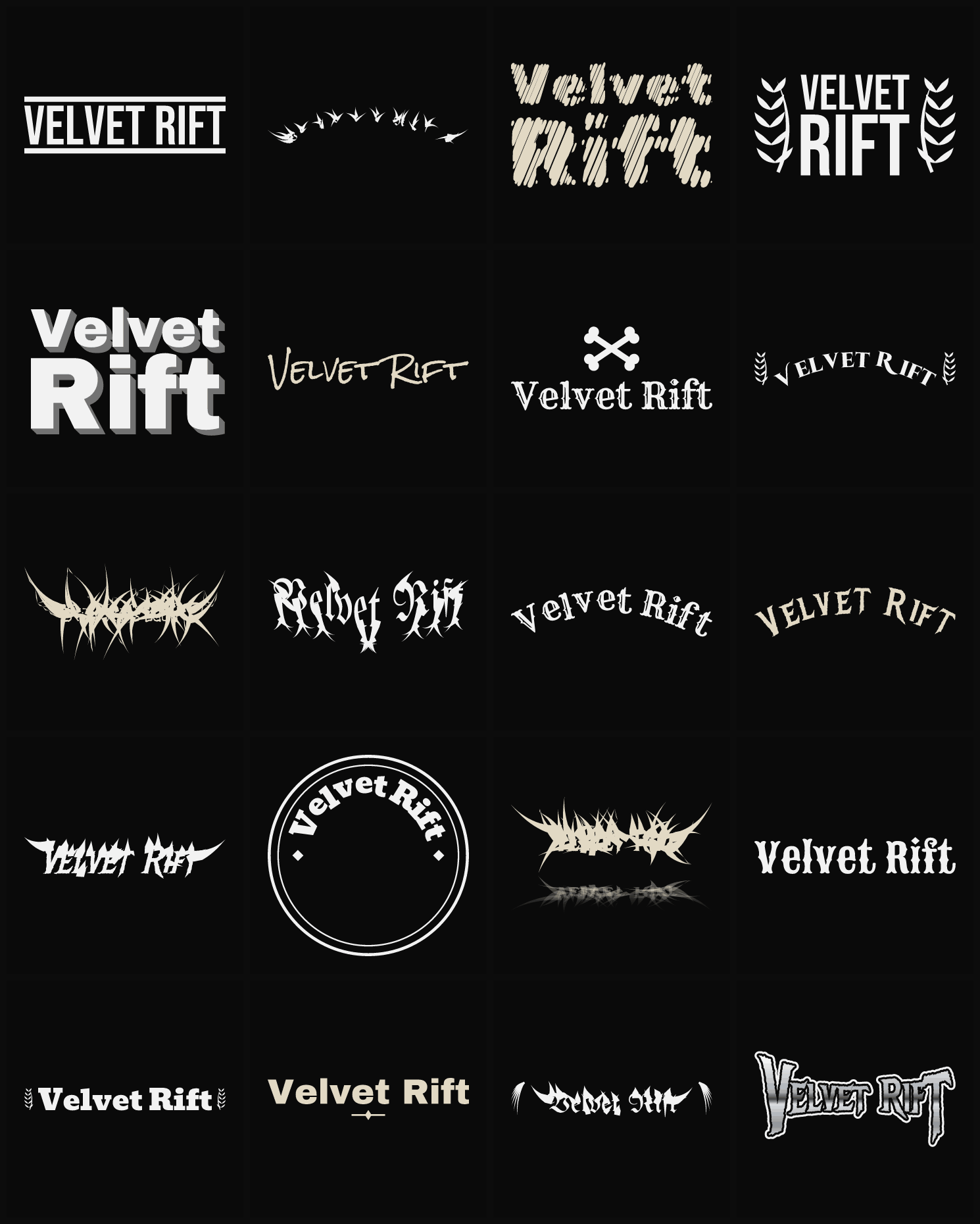 Twenty Velvet Rift band logo ideas — different faces, treatments and spike settings