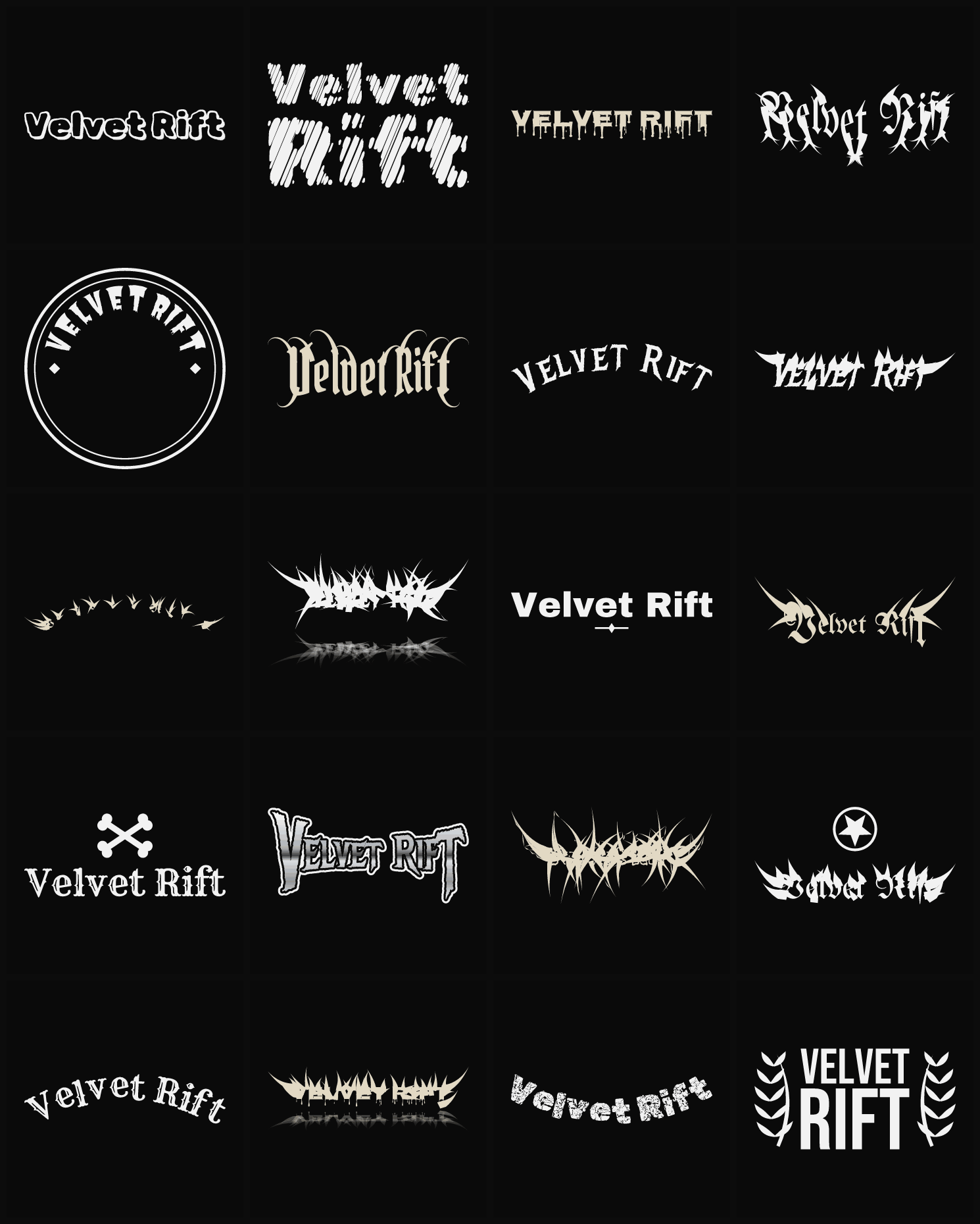 Twenty Velvet Rift band logo ideas — different faces, treatments and spike settings