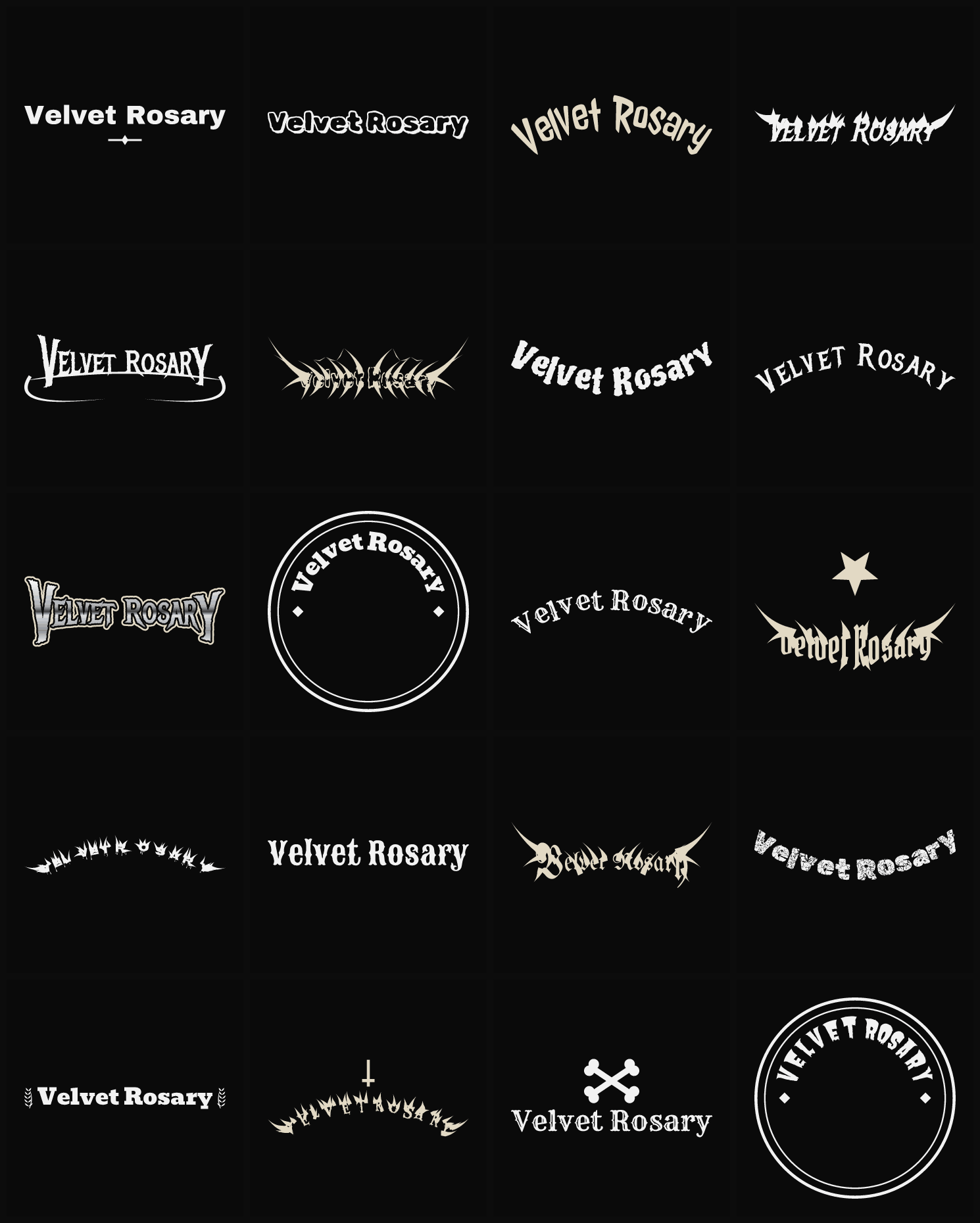 Twenty Velvet Rosary band logo ideas — different faces, treatments and spike settings