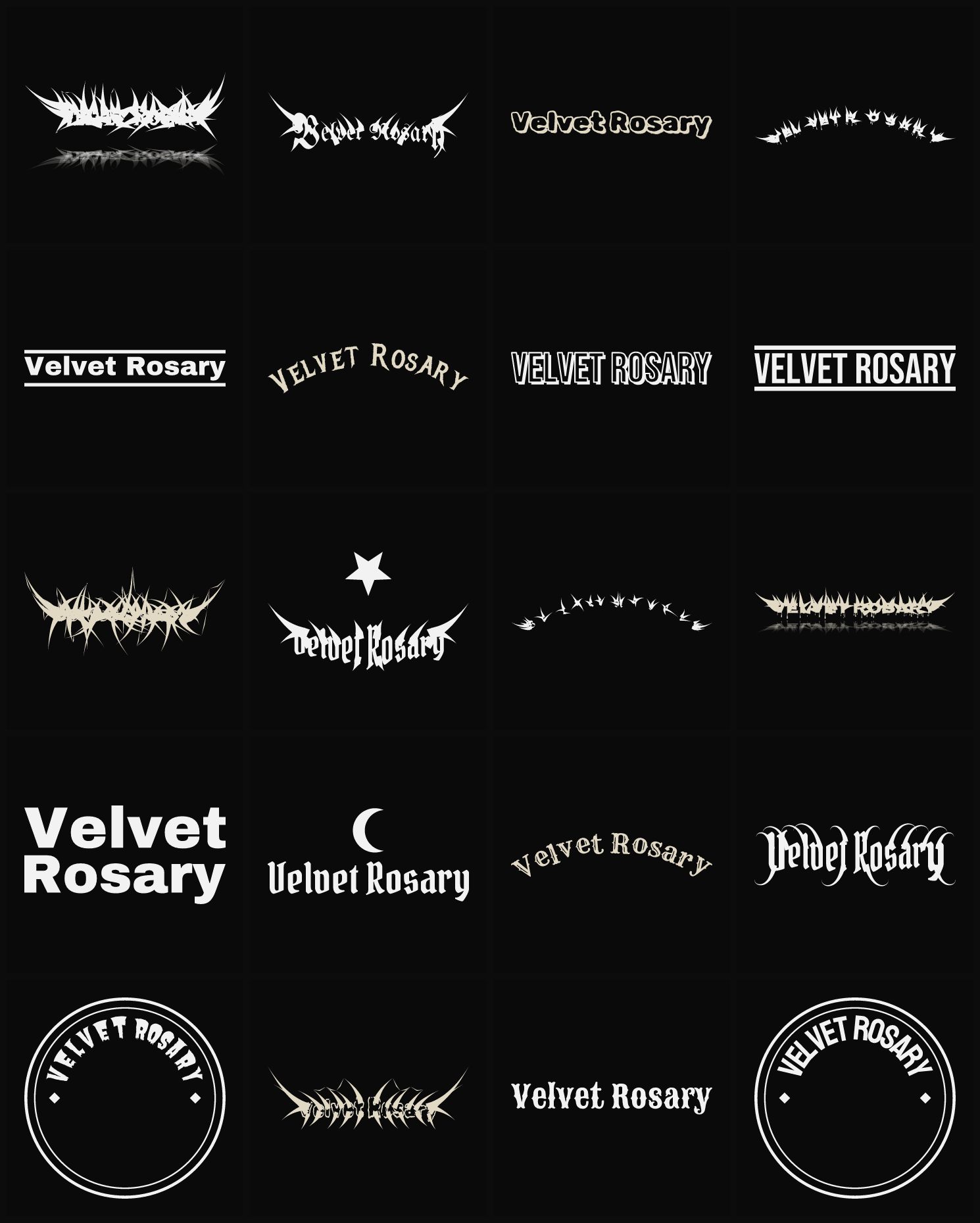 Twenty Velvet Rosary band logo ideas — different faces, treatments and spike settings
