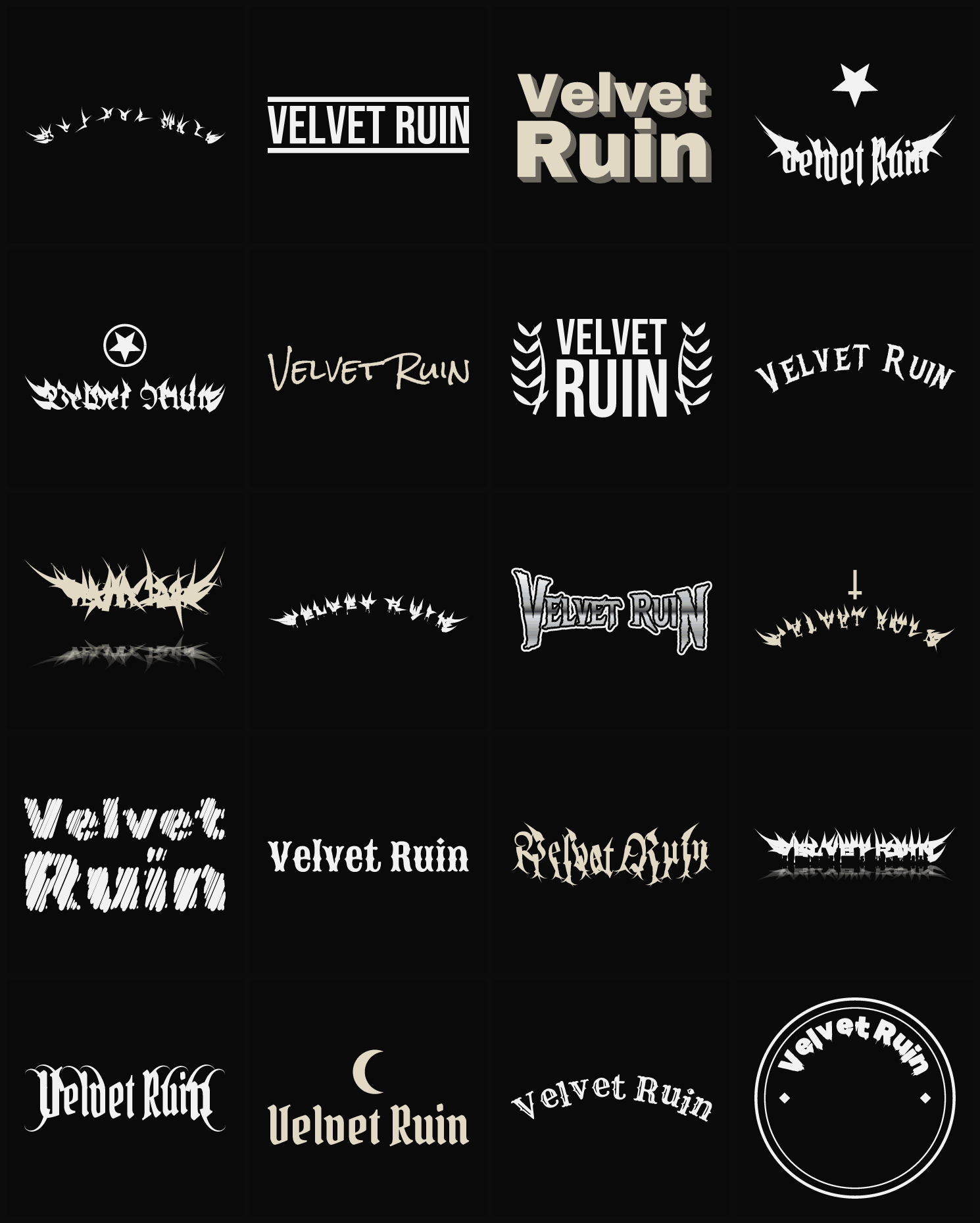 Twenty Velvet Ruin band logo ideas — different faces, treatments and spike settings