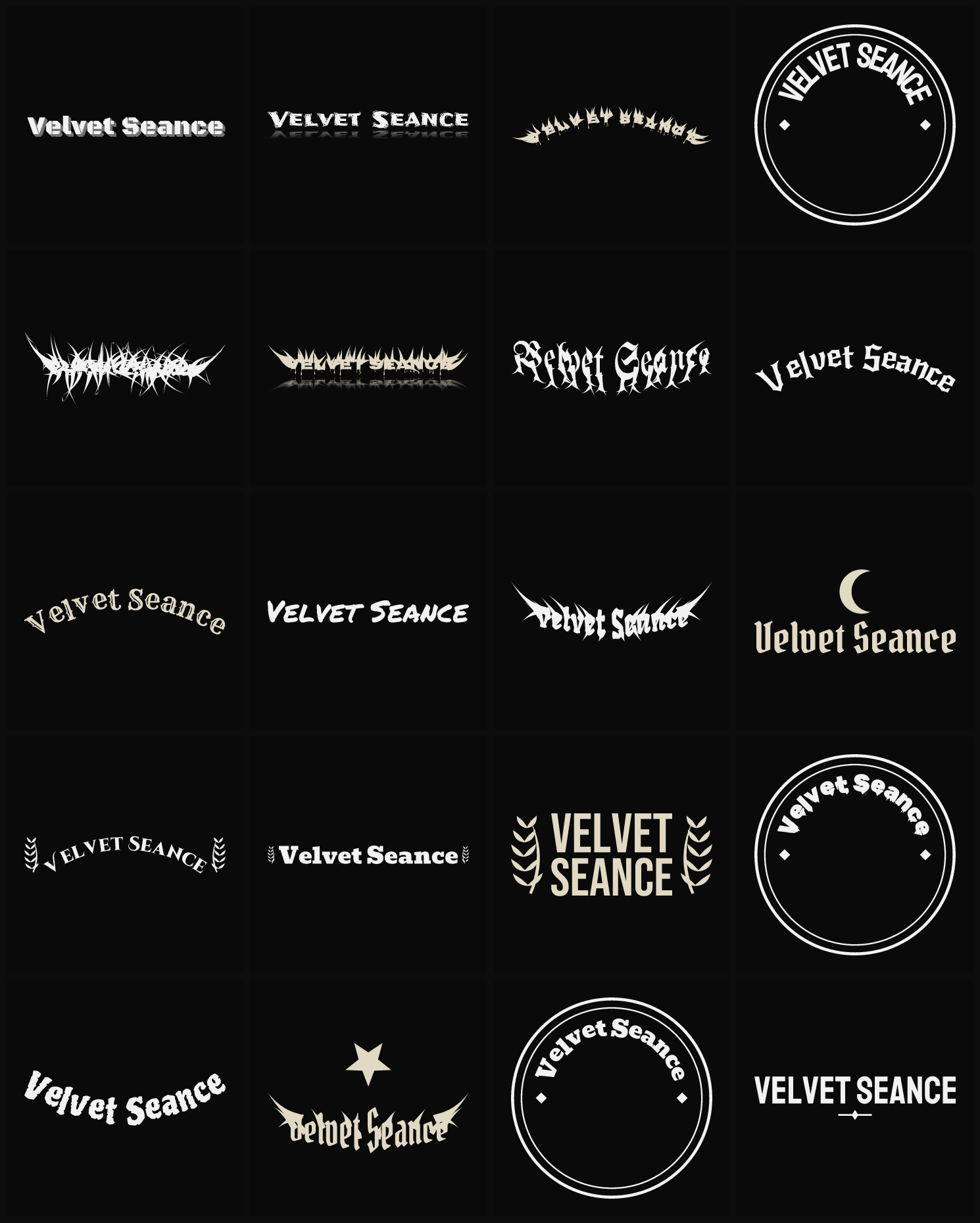 Twenty Velvet Seance band logo ideas — different faces, treatments and spike settings