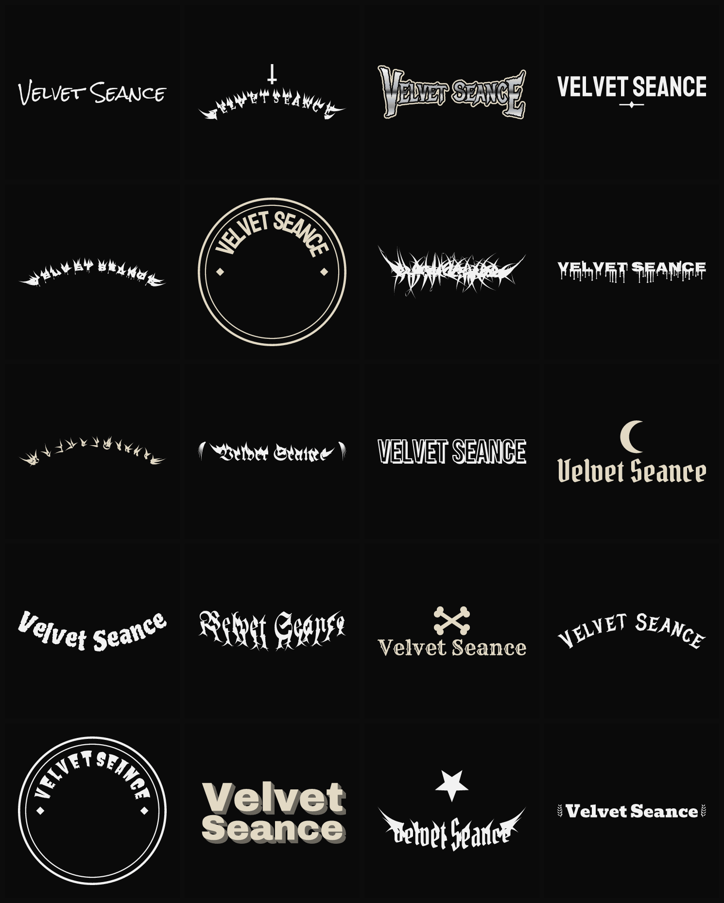 Twenty Velvet Seance band logo ideas — different faces, treatments and spike settings