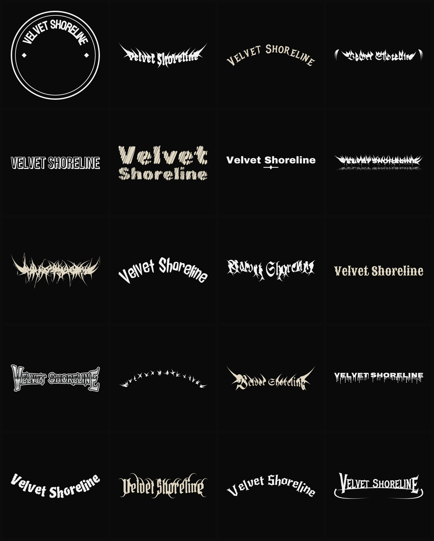 Twenty Velvet Shoreline band logo ideas — different faces, treatments and spike settings