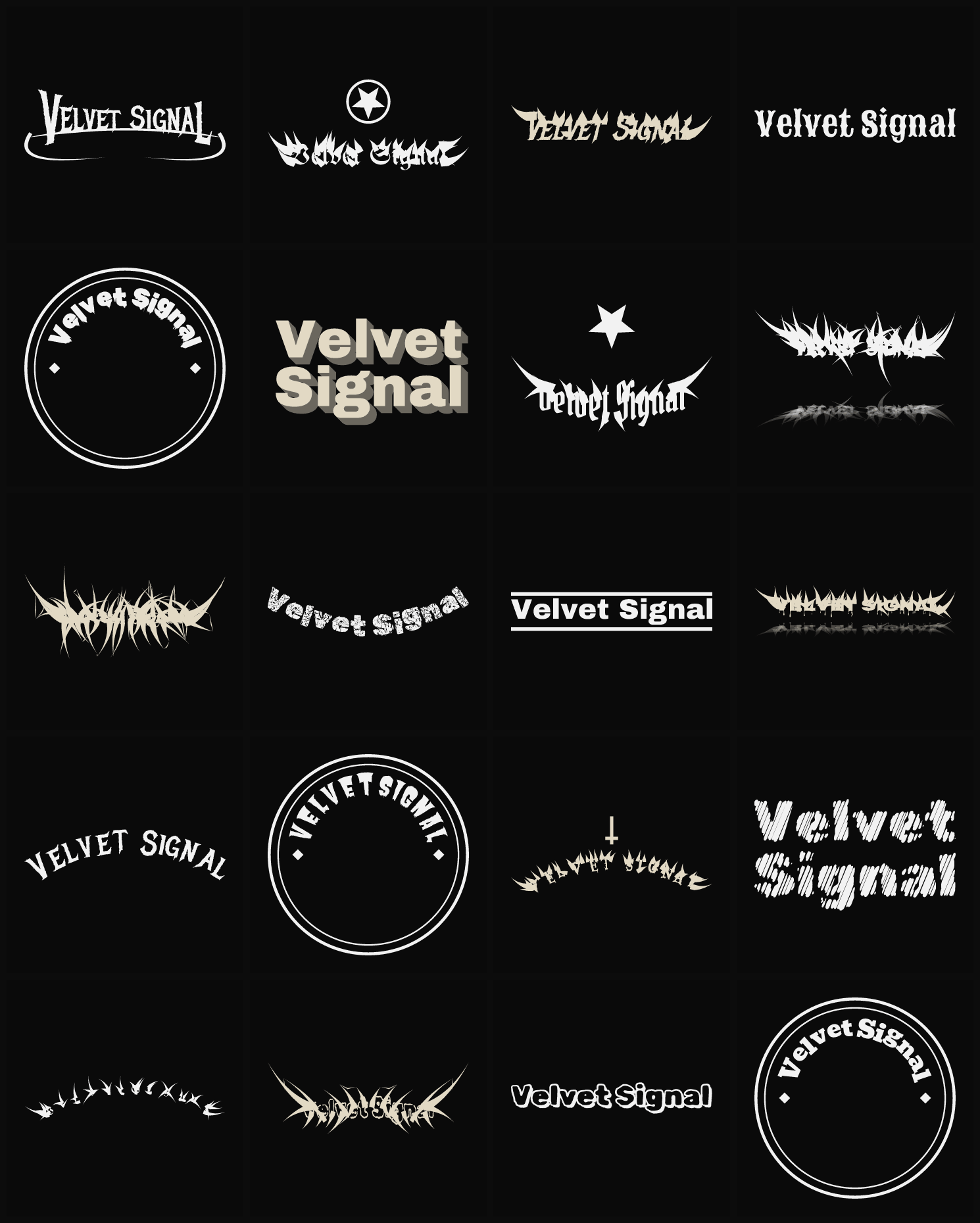 Twenty Velvet Signal band logo ideas — different faces, treatments and spike settings