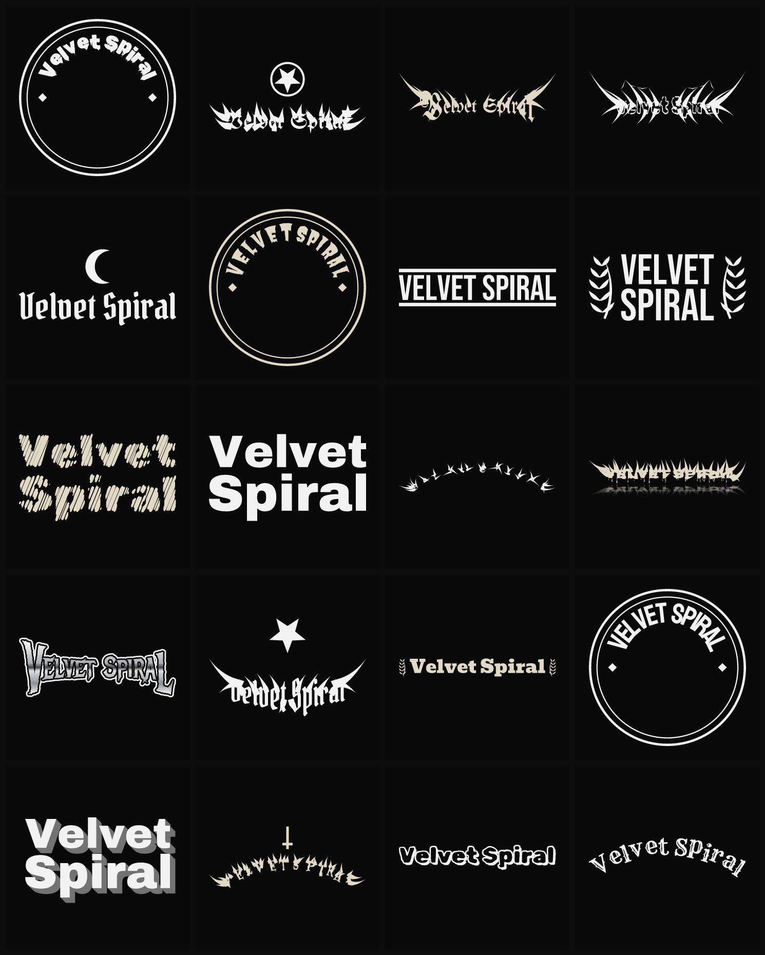 Twenty Velvet Spiral band logo ideas — different faces, treatments and spike settings