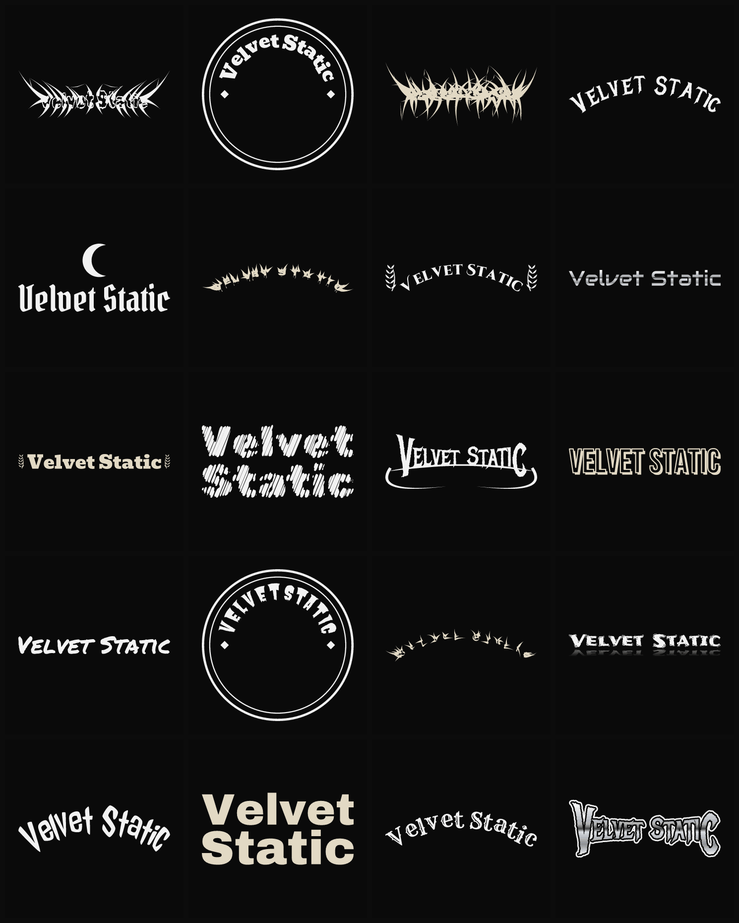 Twenty Velvet Static band logo ideas — different faces, treatments and spike settings
