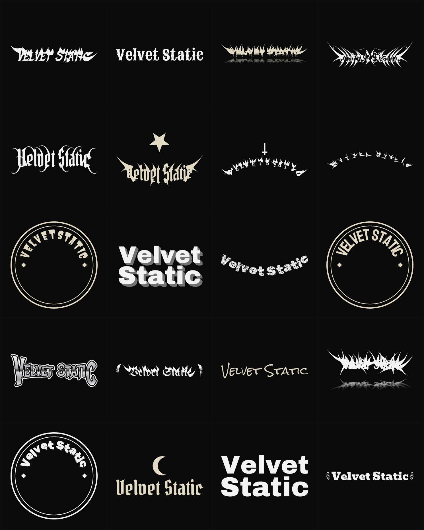 Twenty Velvet Static band logo ideas — different faces, treatments and spike settings