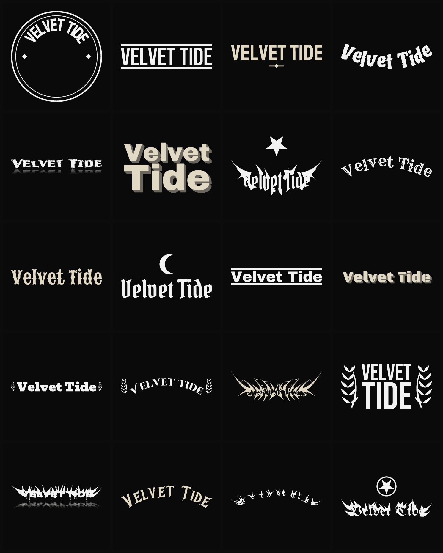 Twenty Velvet Tide band logo ideas — different faces, treatments and spike settings