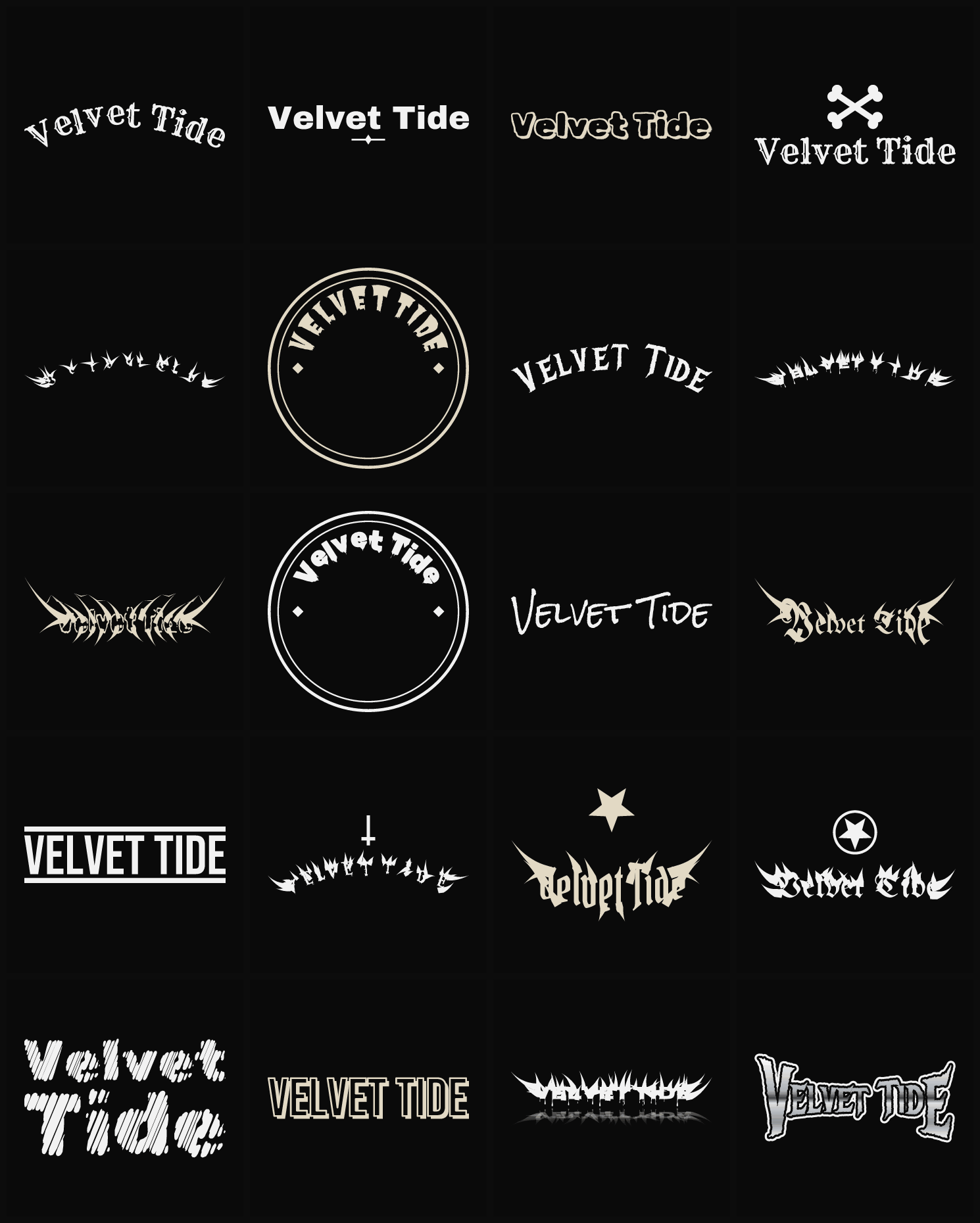 Twenty Velvet Tide band logo ideas — different faces, treatments and spike settings