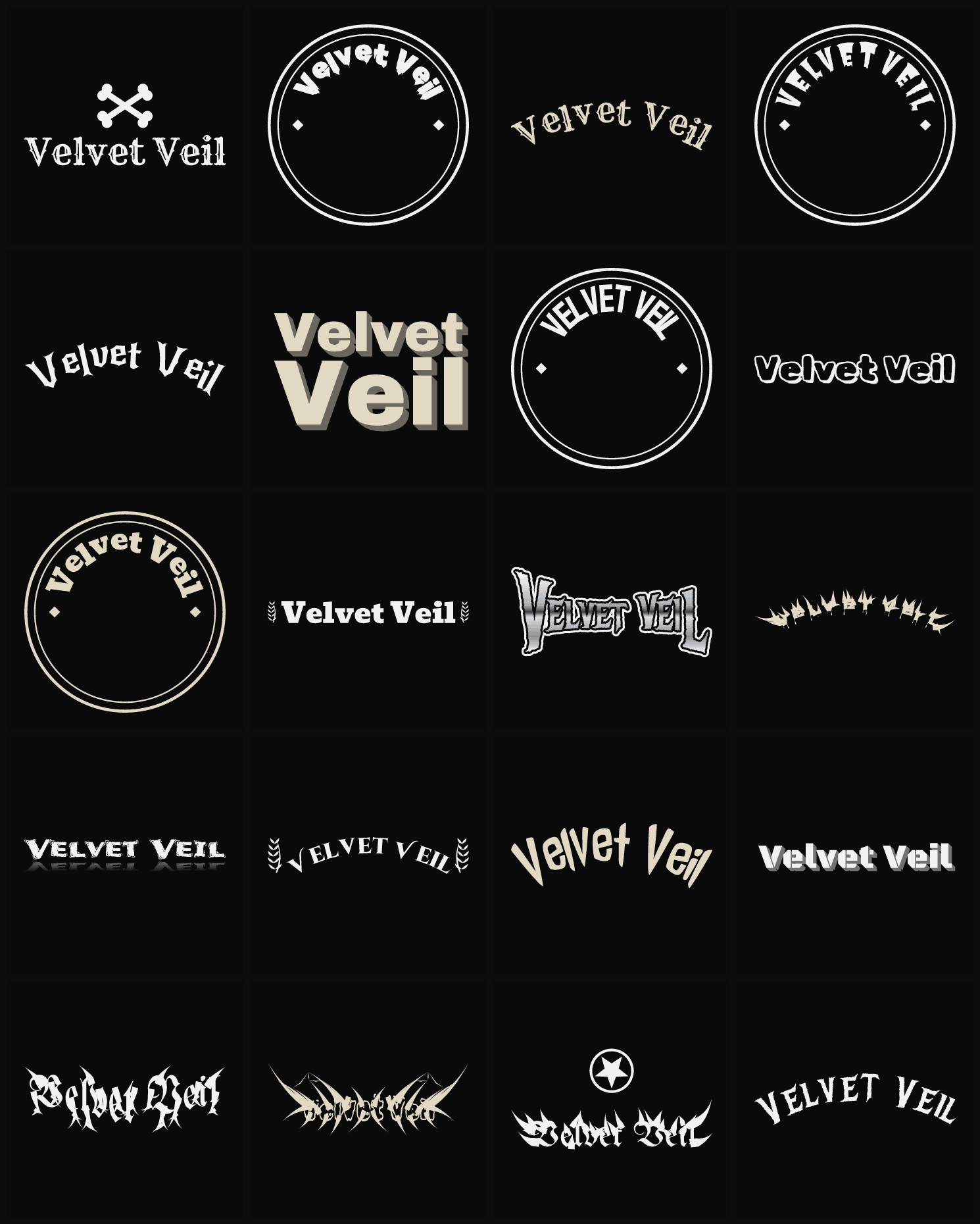 Twenty Velvet Veil band logo ideas — different faces, treatments and spike settings