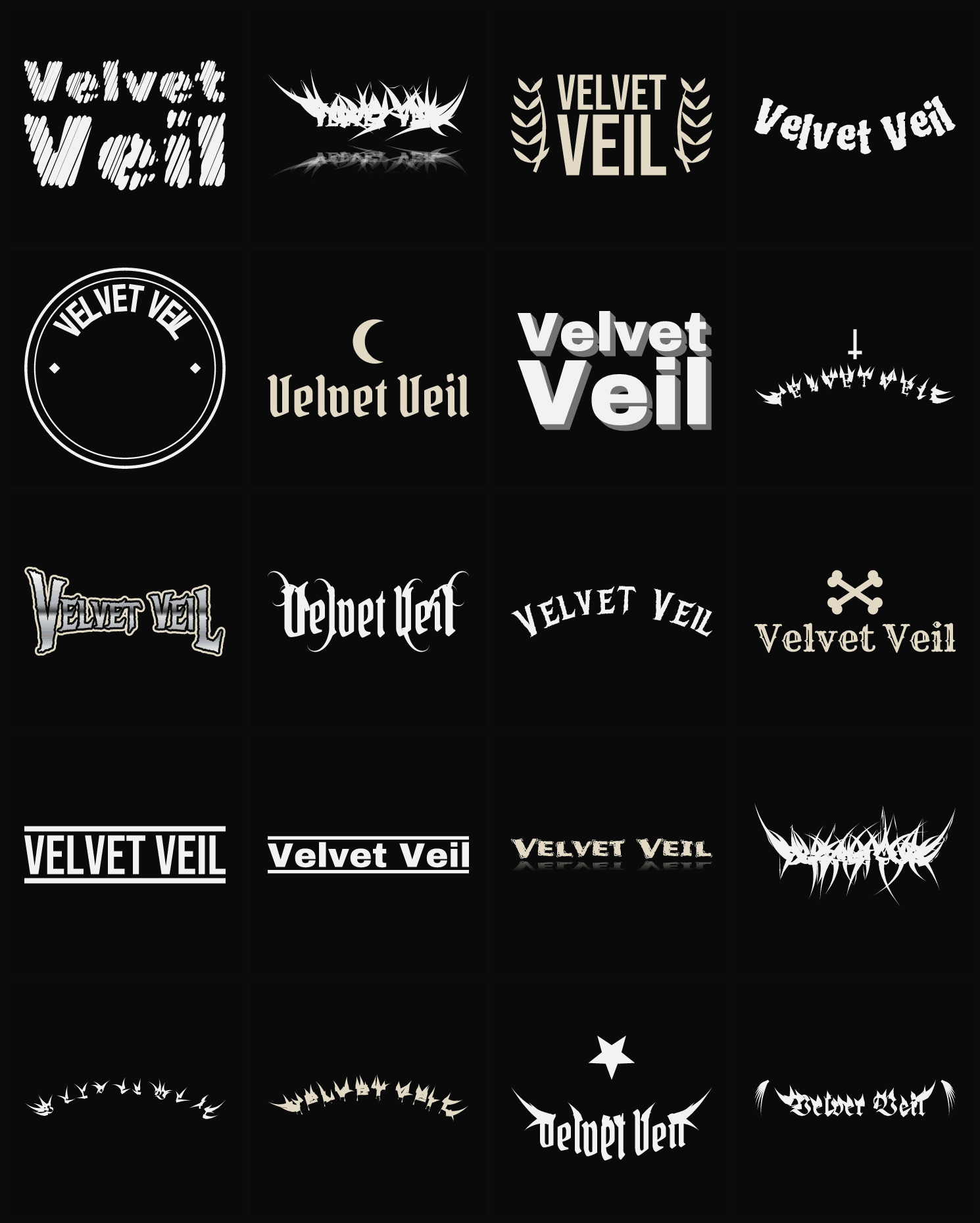 Twenty Velvet Veil band logo ideas — different faces, treatments and spike settings