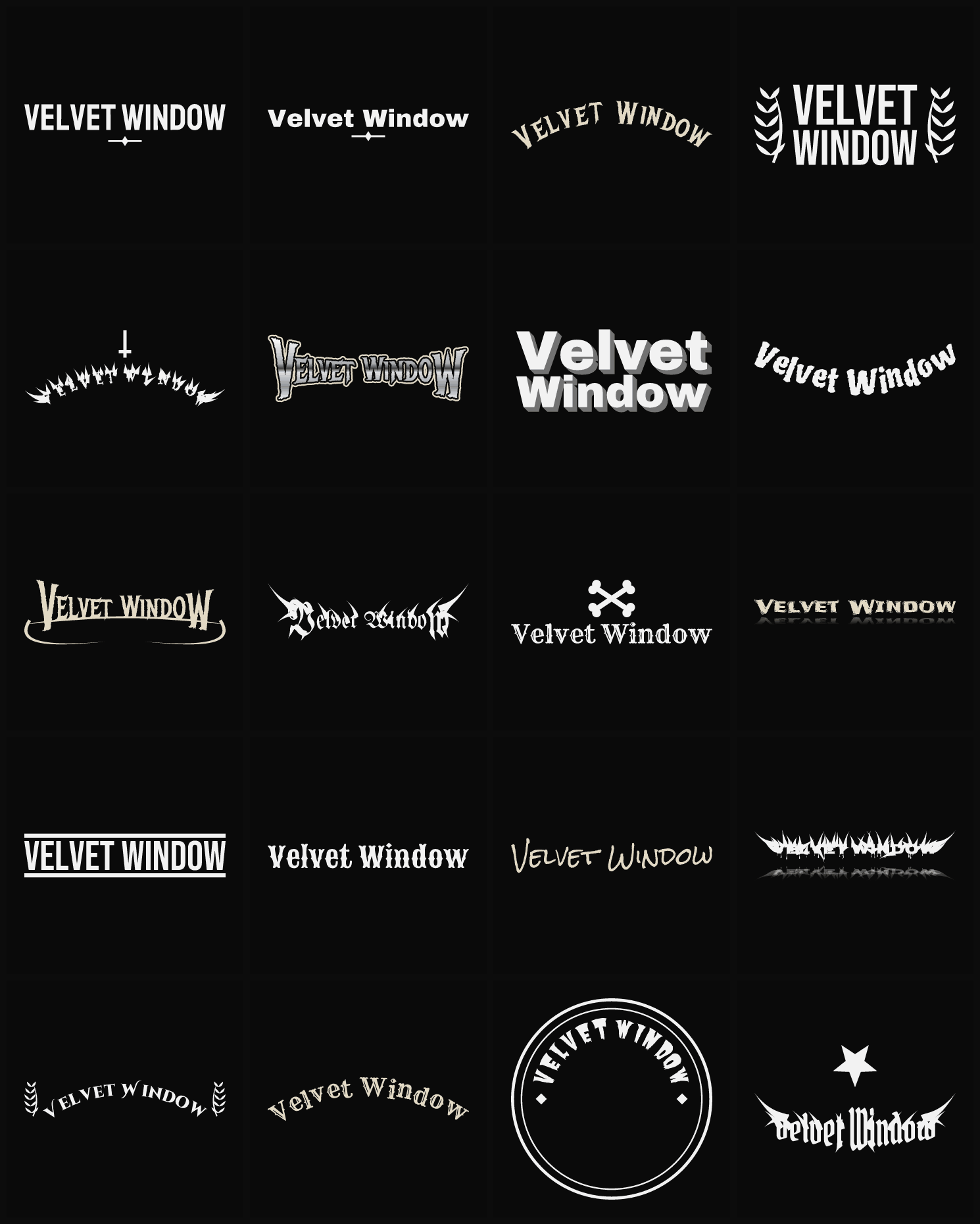 Twenty Velvet Window band logo ideas — different faces, treatments and spike settings