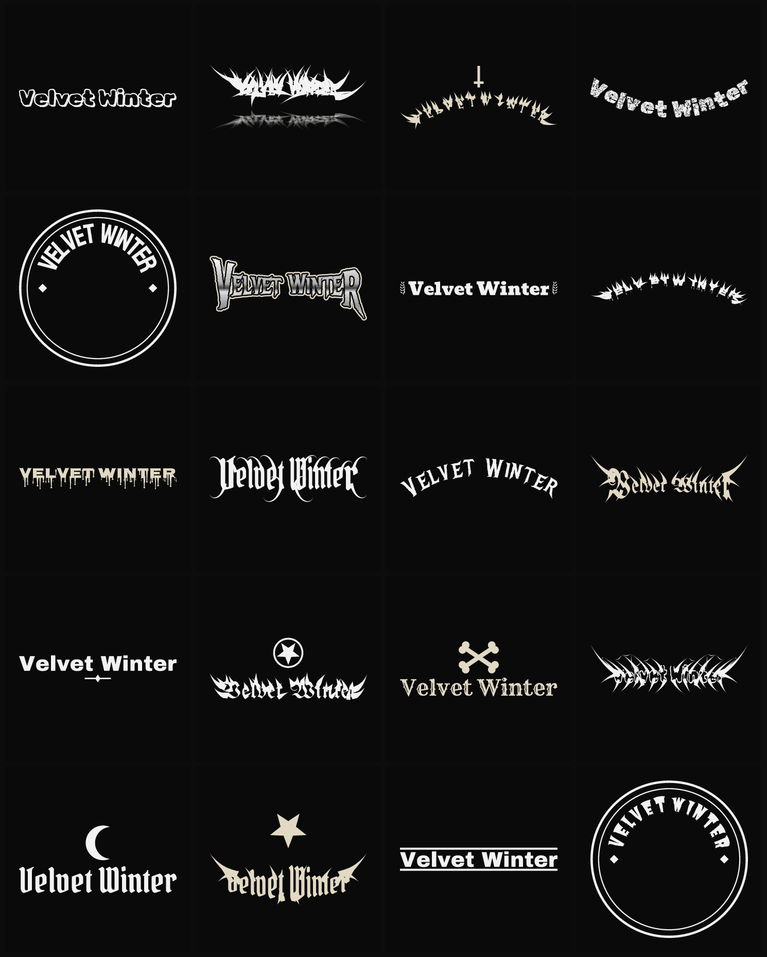 Twenty Velvet Winter band logo ideas — different faces, treatments and spike settings