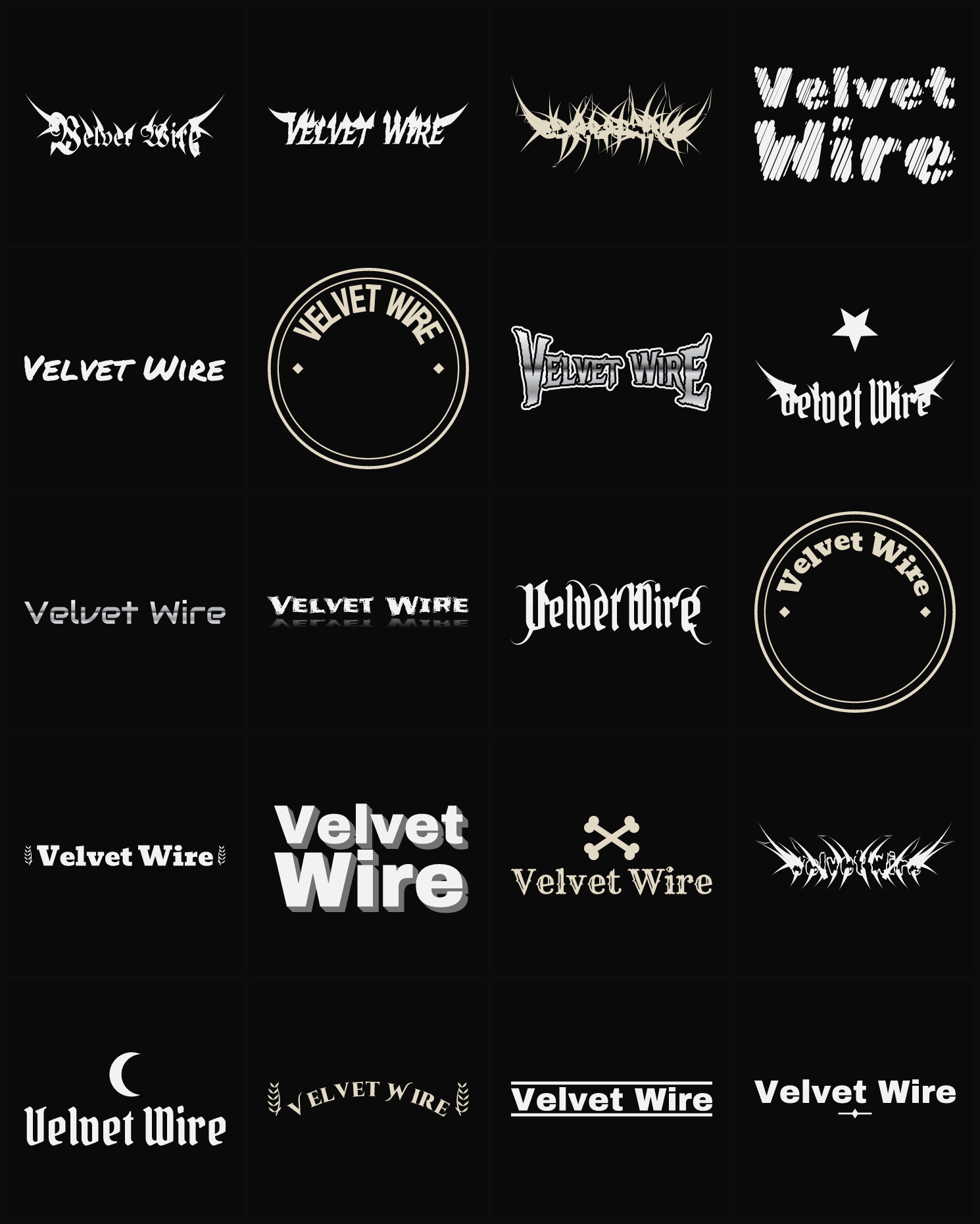 Twenty Velvet Wire band logo ideas — different faces, treatments and spike settings