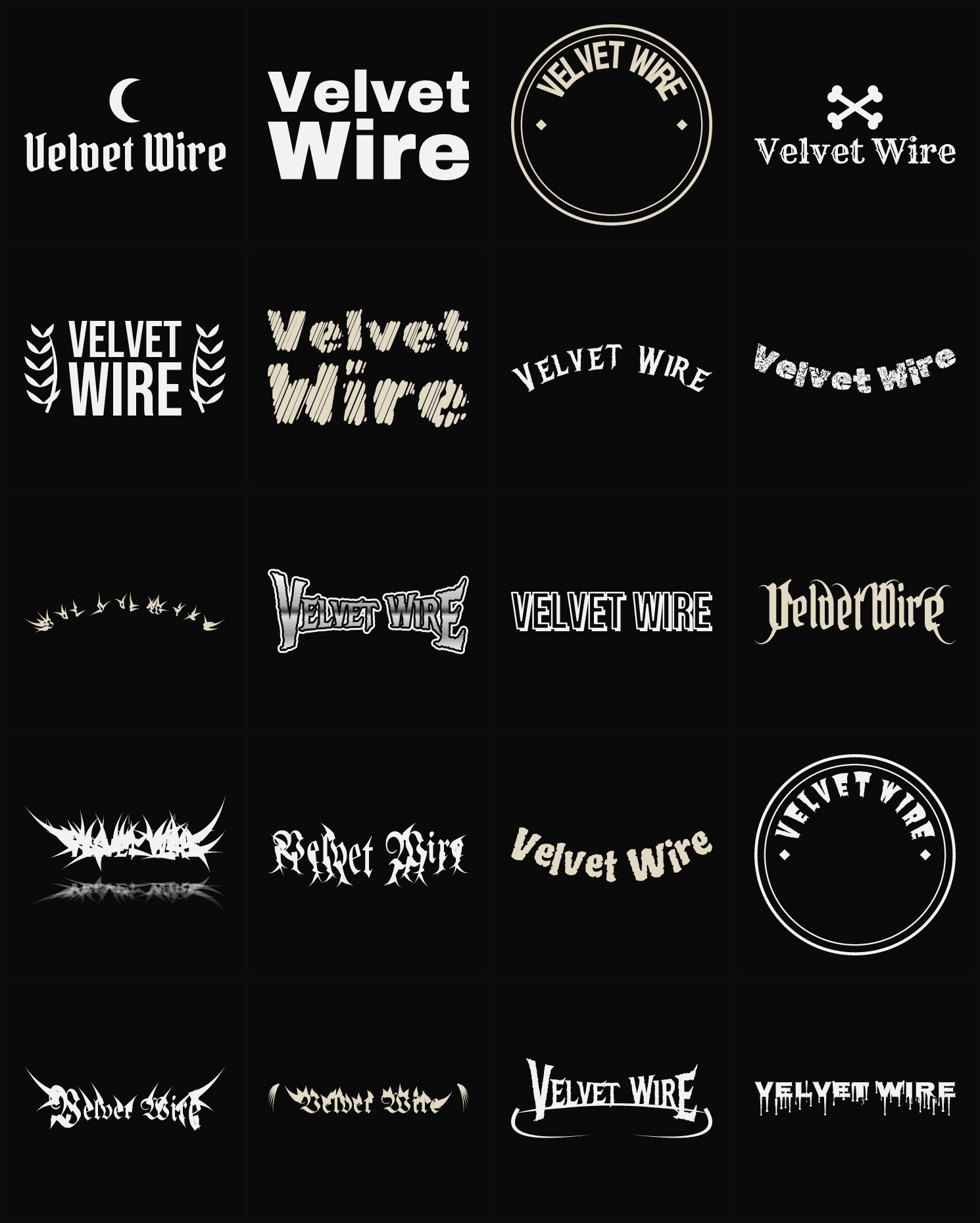 Twenty Velvet Wire band logo ideas — different faces, treatments and spike settings