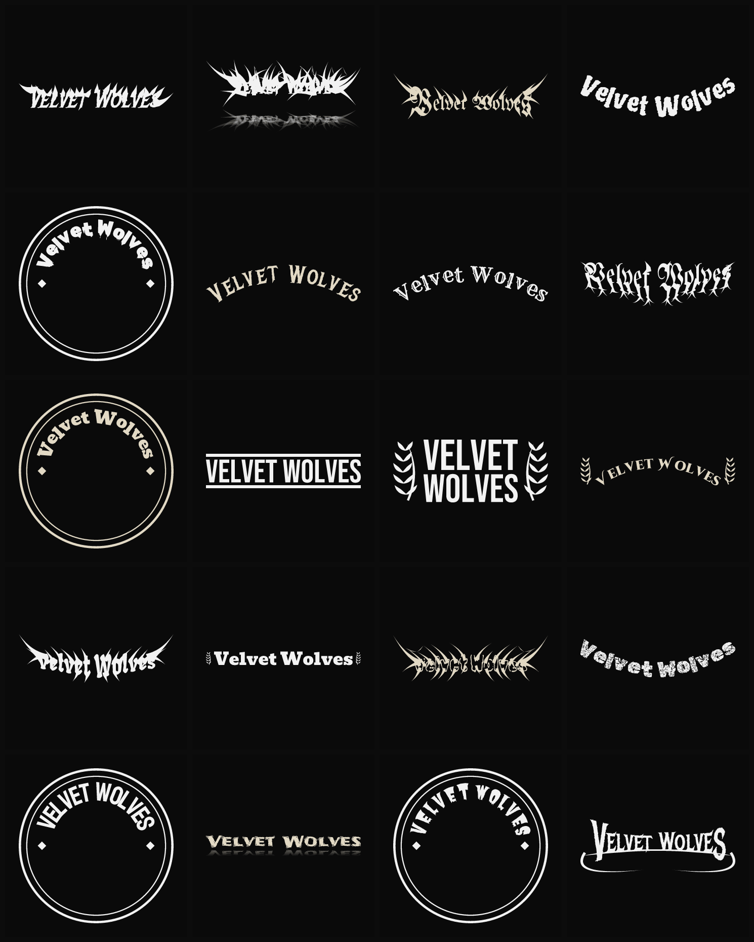 Twenty Velvet Wolves band logo ideas — different faces, treatments and spike settings