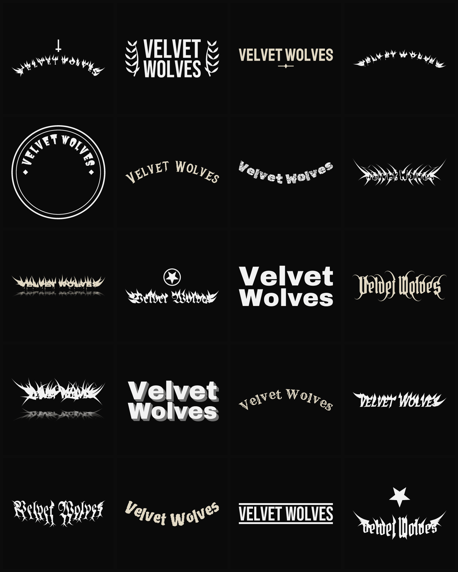 Twenty Velvet Wolves band logo ideas — different faces, treatments and spike settings