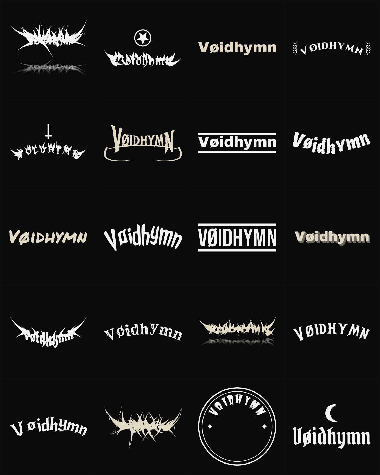 Twenty Vøidhymn band logo ideas — different faces, treatments and spike settings