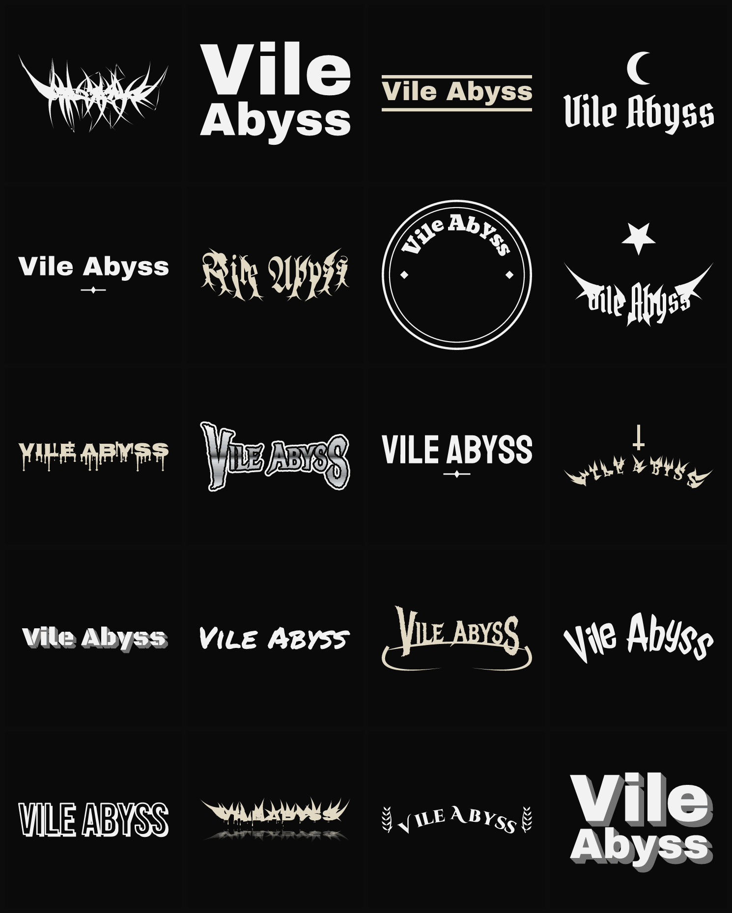 Twenty Vile Abyss band logo ideas — different faces, treatments and spike settings