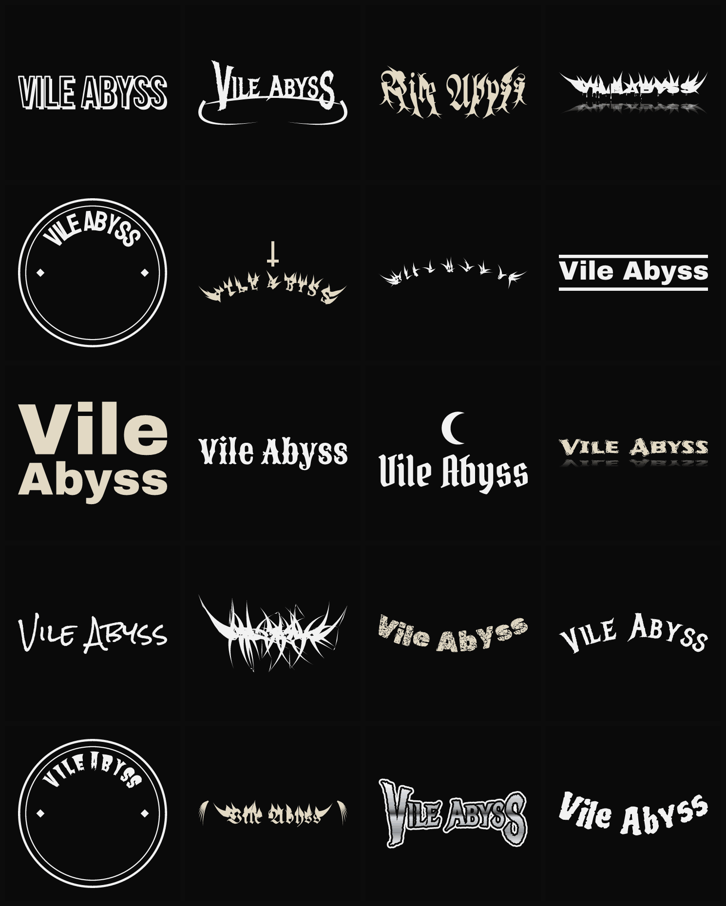 Twenty Vile Abyss band logo ideas — different faces, treatments and spike settings