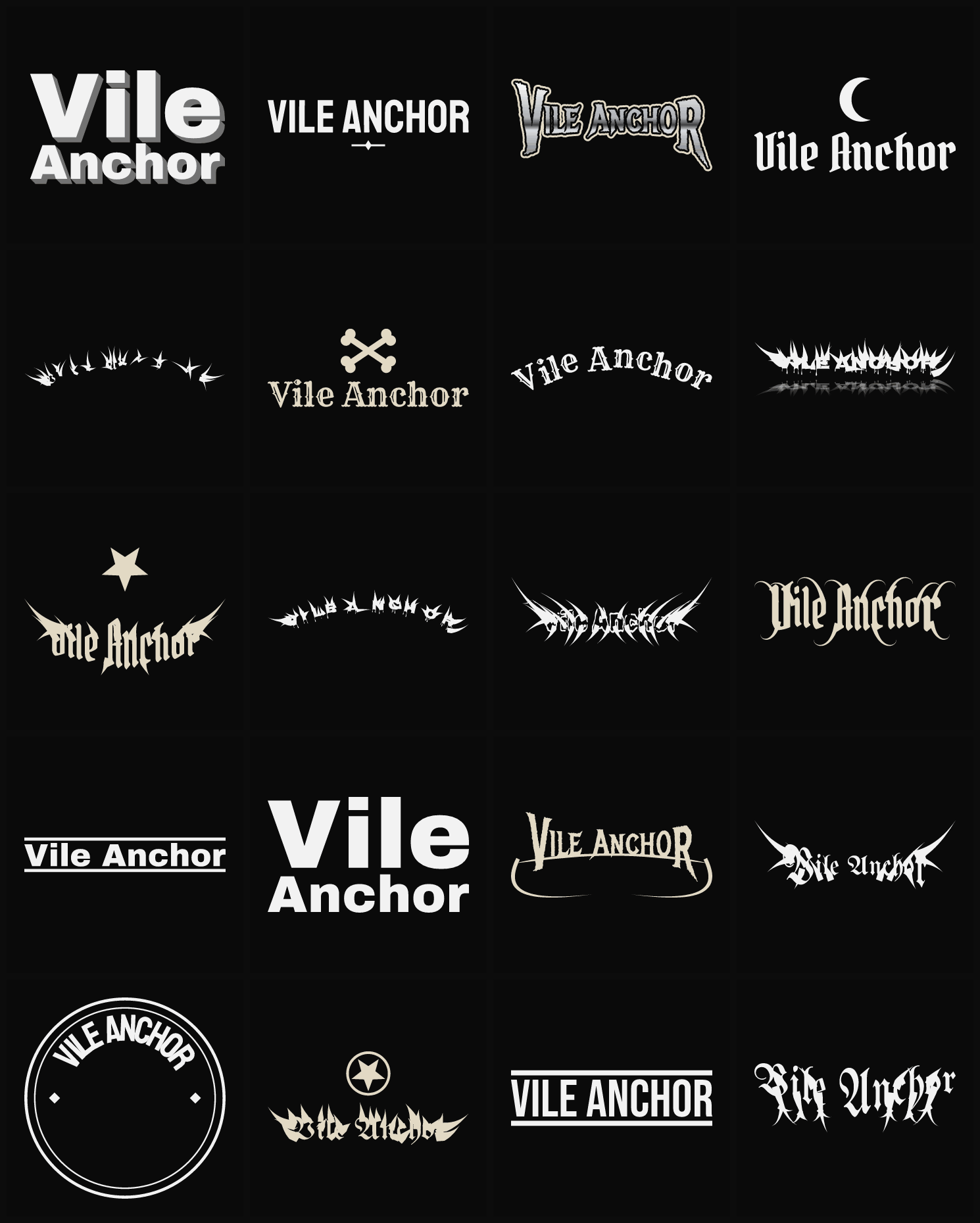 Twenty Vile Anchor band logo ideas — different faces, treatments and spike settings