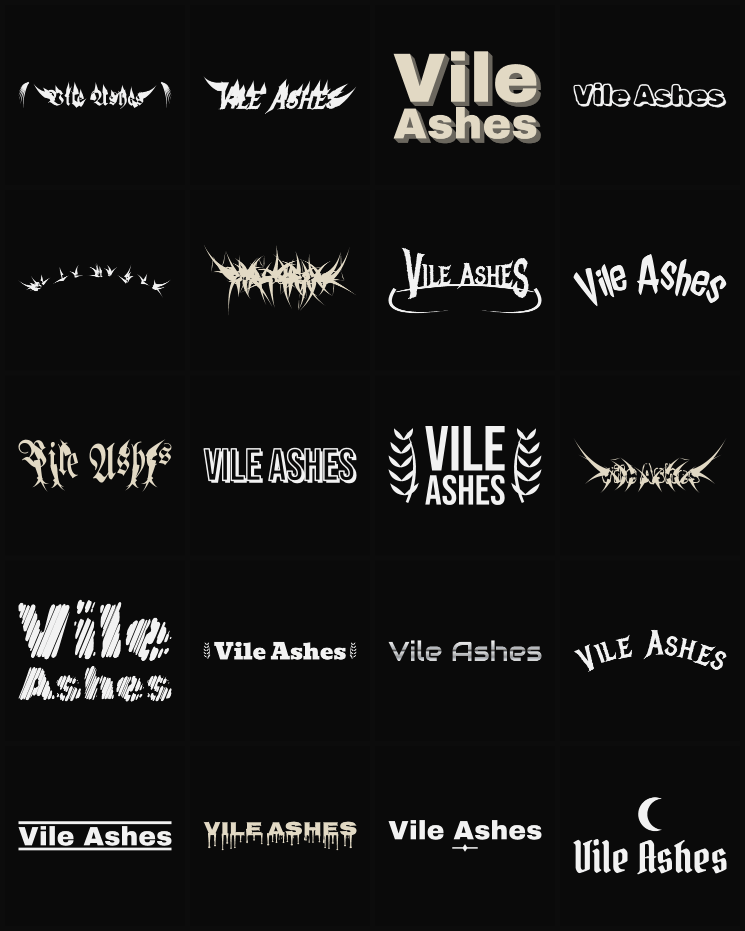 Twenty Vile Ashes band logo ideas — different faces, treatments and spike settings