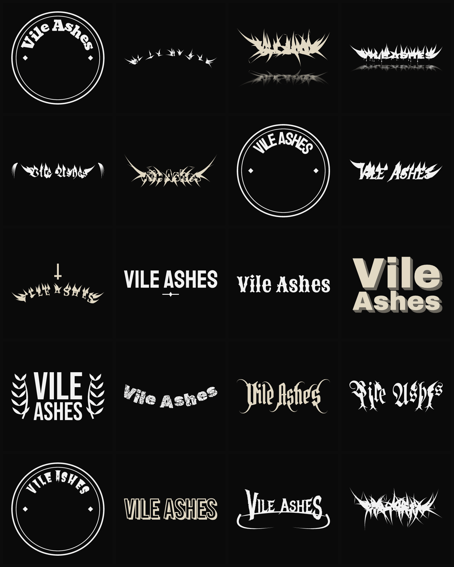 Twenty Vile Ashes band logo ideas — different faces, treatments and spike settings