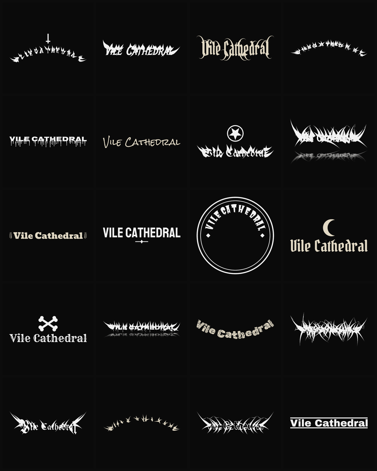 Twenty Vile Cathedral band logo ideas — different faces, treatments and spike settings