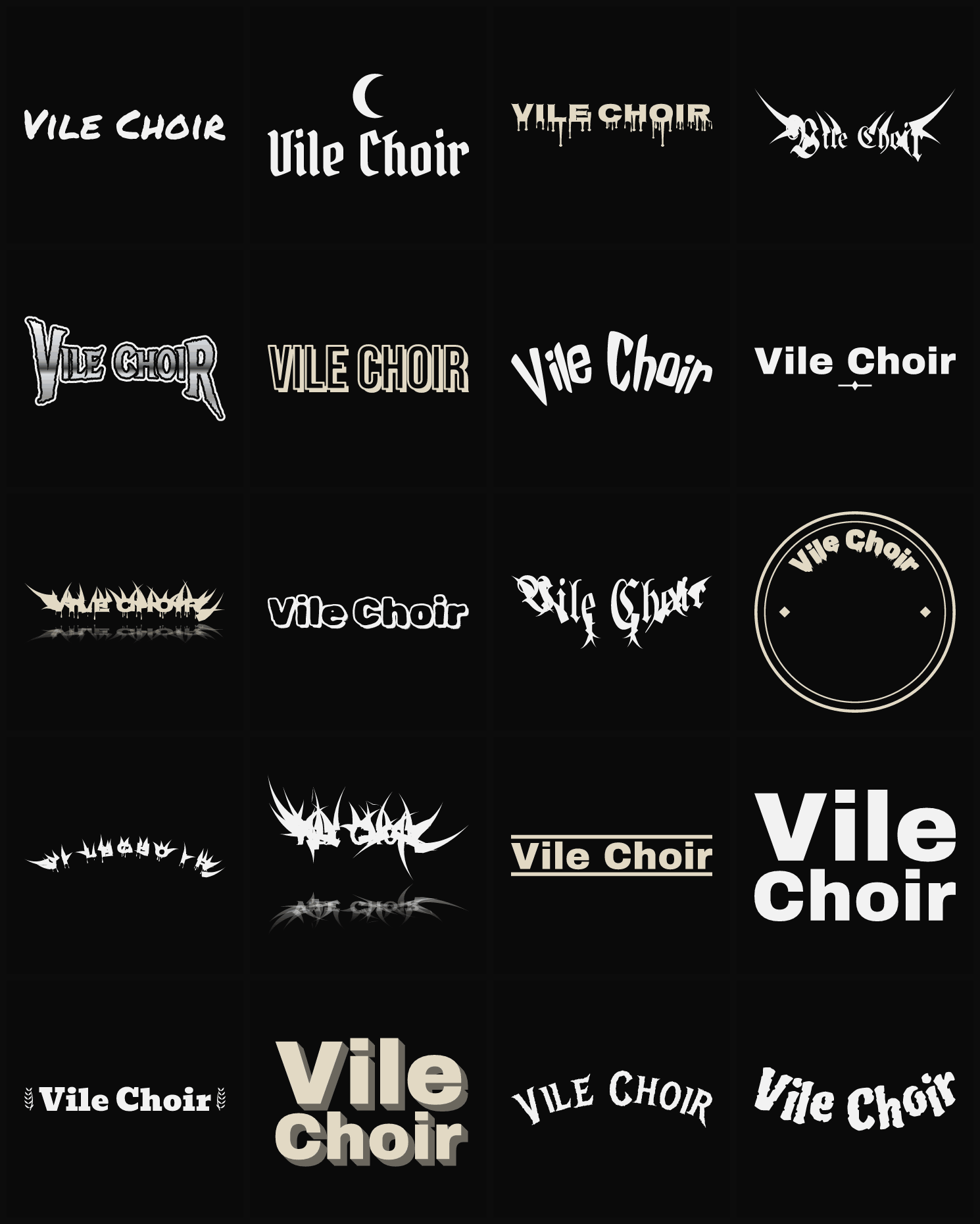 Twenty Vile Choir band logo ideas — different faces, treatments and spike settings