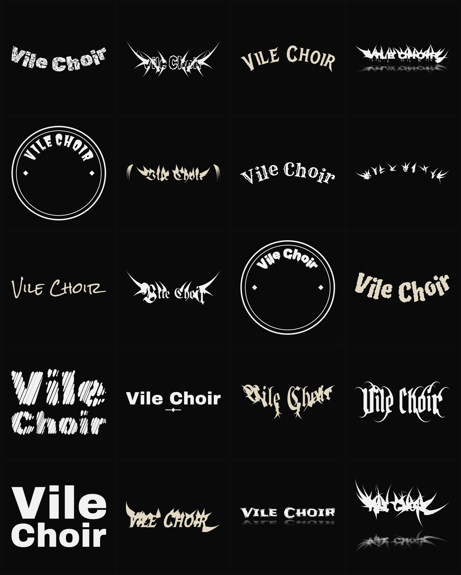 Twenty Vile Choir band logo ideas — different faces, treatments and spike settings