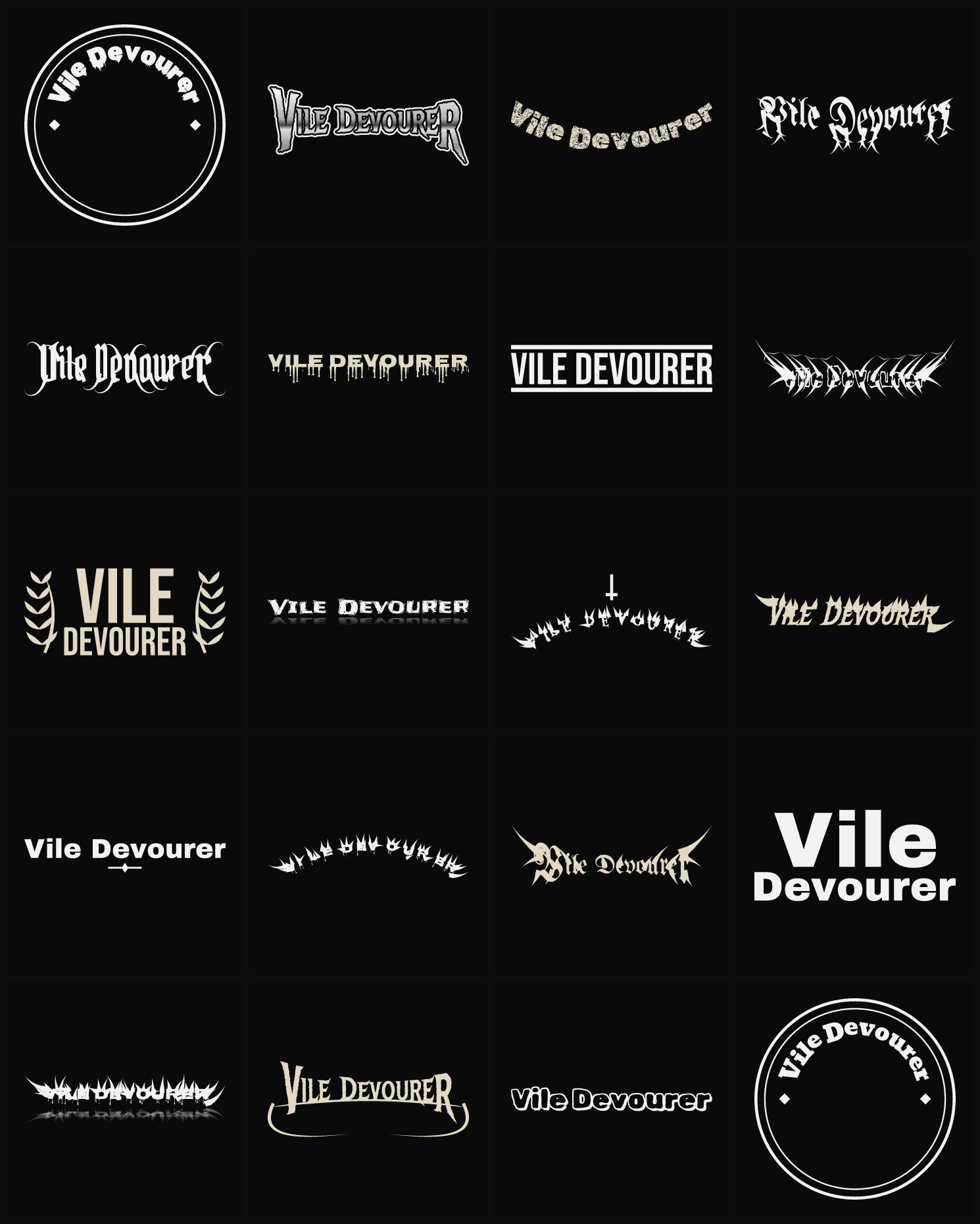 Twenty Vile Devourer band logo ideas — different faces, treatments and spike settings