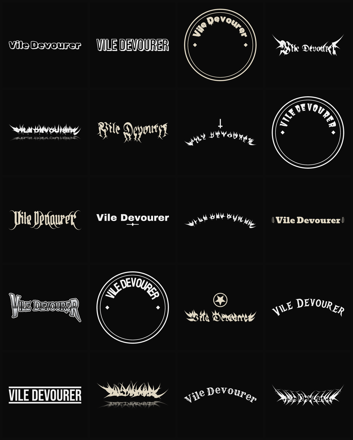 Twenty Vile Devourer band logo ideas — different faces, treatments and spike settings