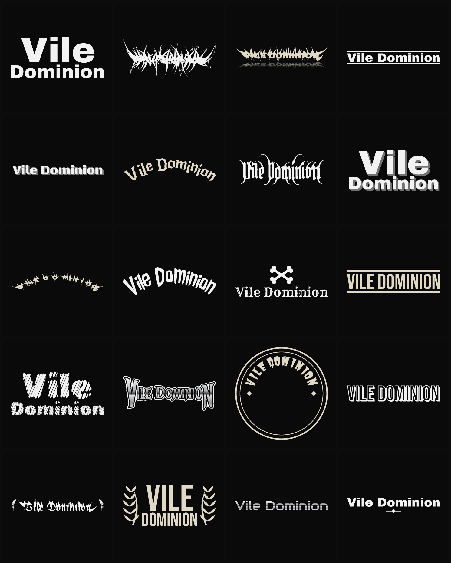 Twenty Vile Dominion band logo ideas — different faces, treatments and spike settings