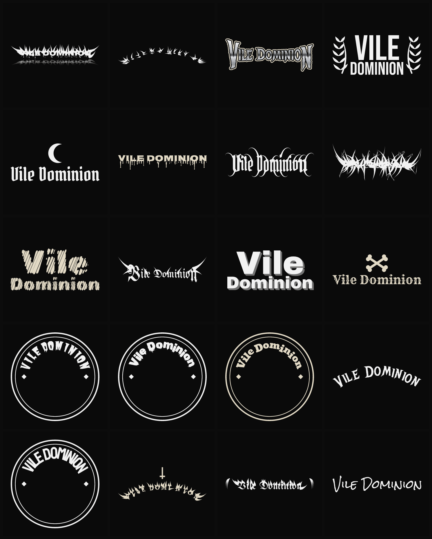 Twenty Vile Dominion band logo ideas — different faces, treatments and spike settings