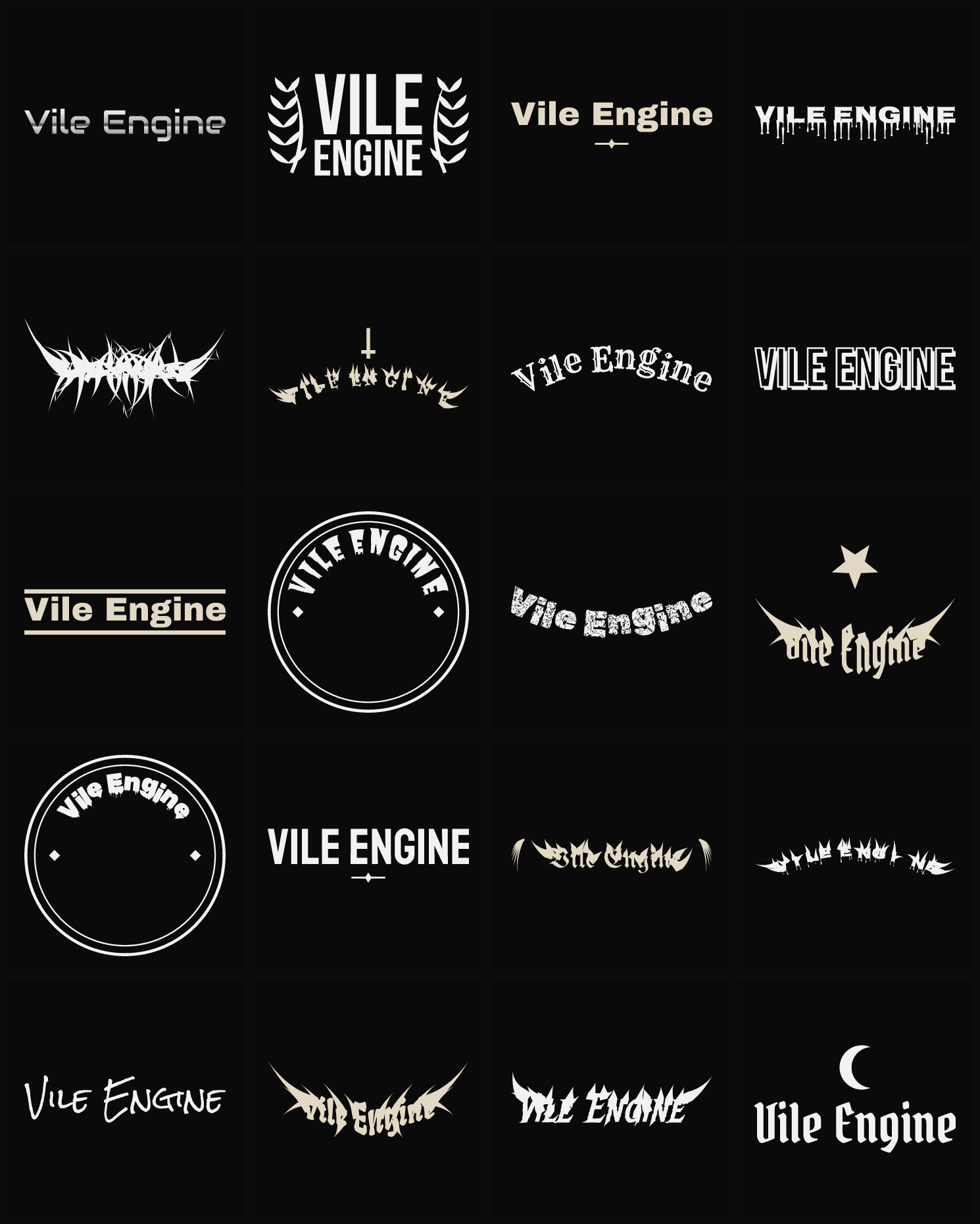Twenty Vile Engine band logo ideas — different faces, treatments and spike settings