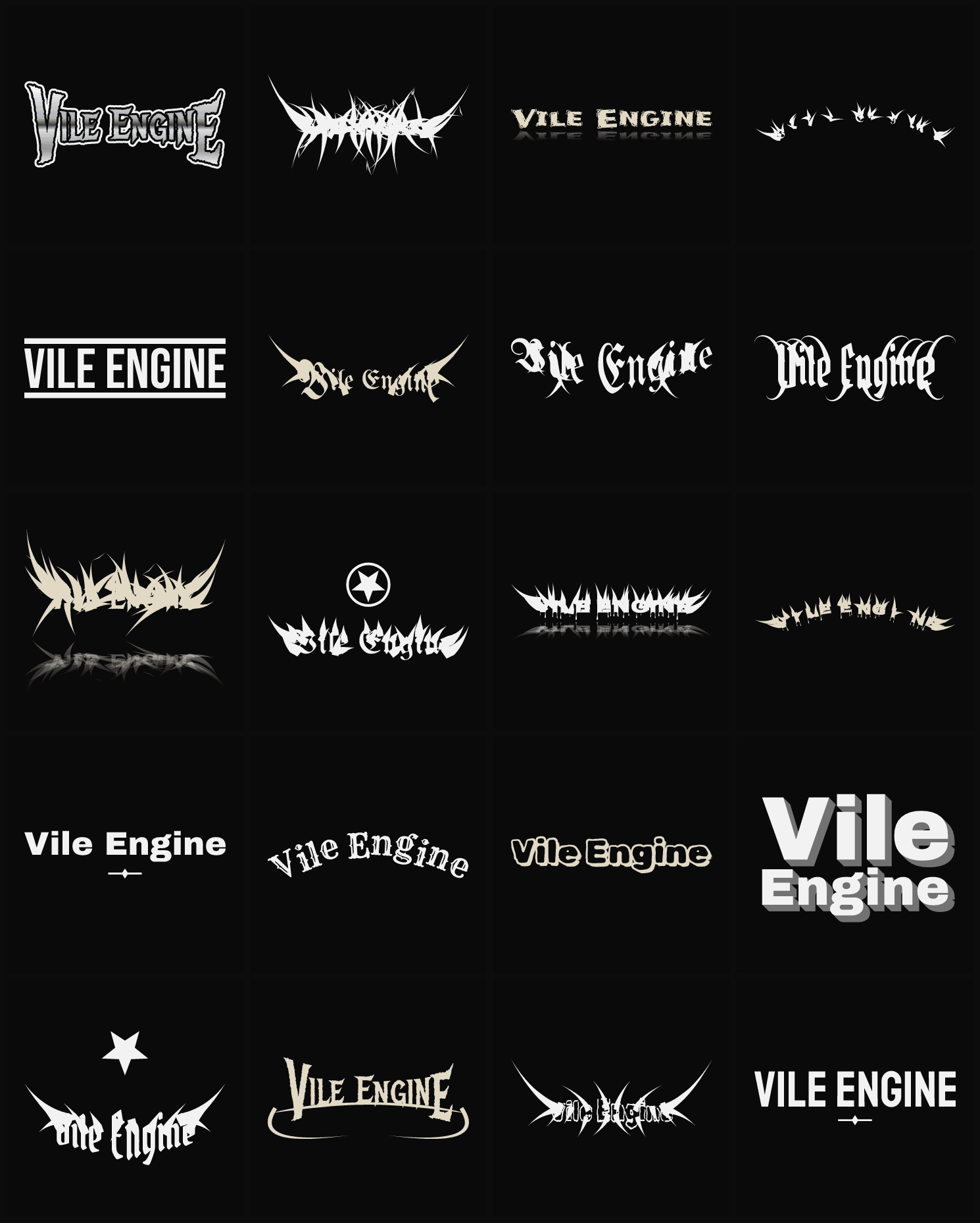 Twenty Vile Engine band logo ideas — different faces, treatments and spike settings