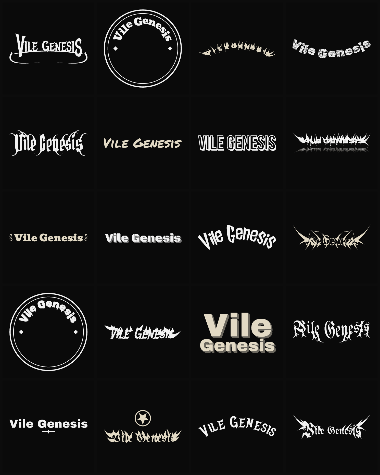 Twenty Vile Genesis band logo ideas — different faces, treatments and spike settings