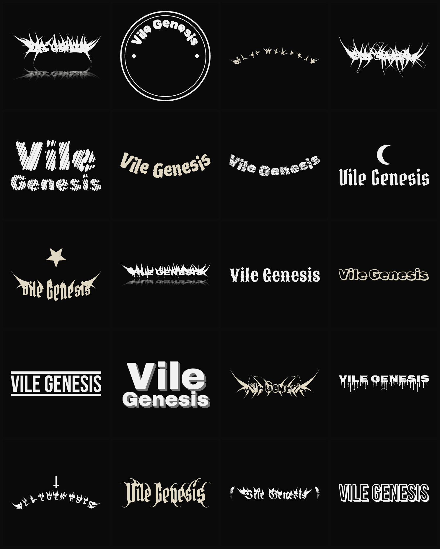 Twenty Vile Genesis band logo ideas — different faces, treatments and spike settings