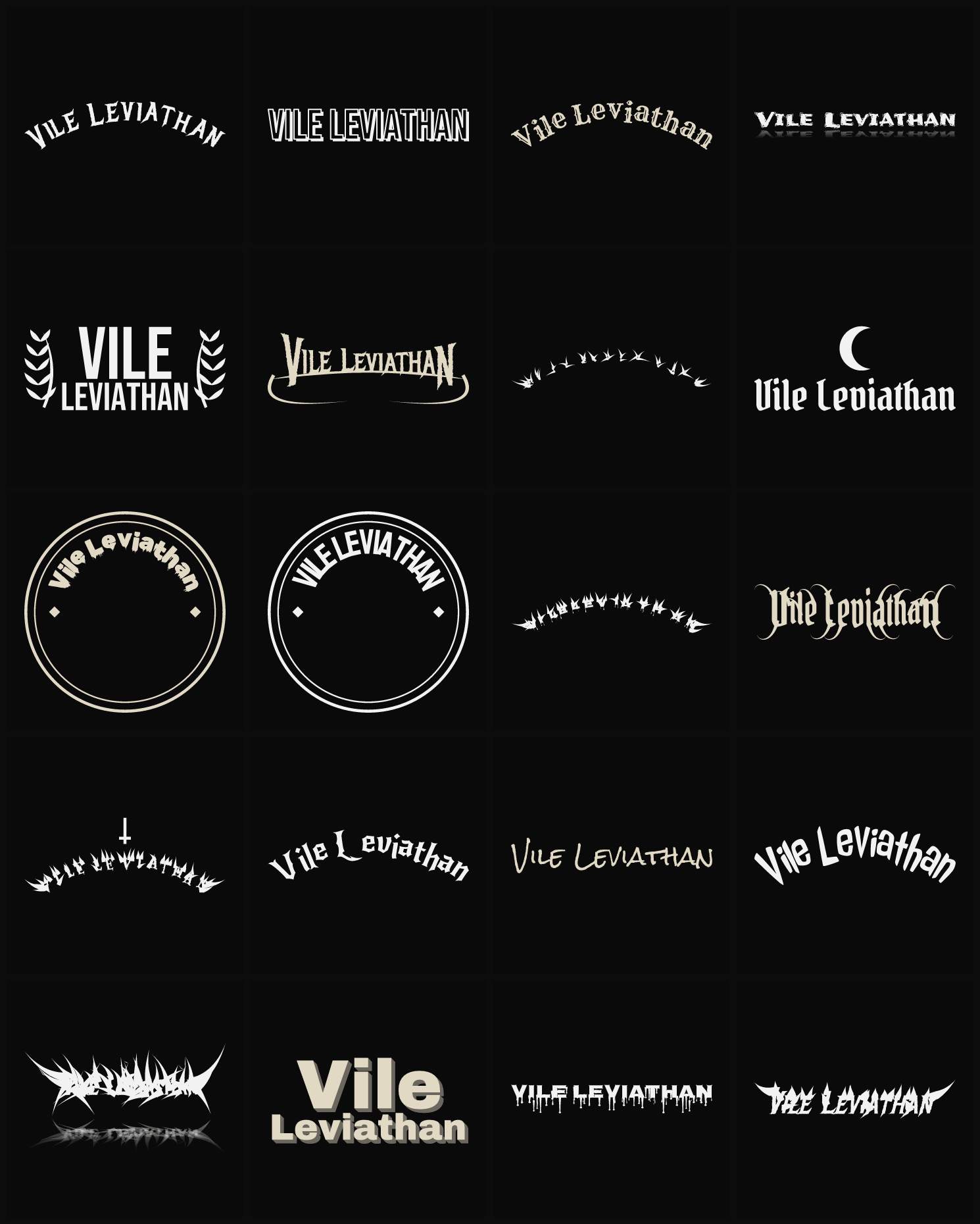 Twenty Vile Leviathan band logo ideas — different faces, treatments and spike settings