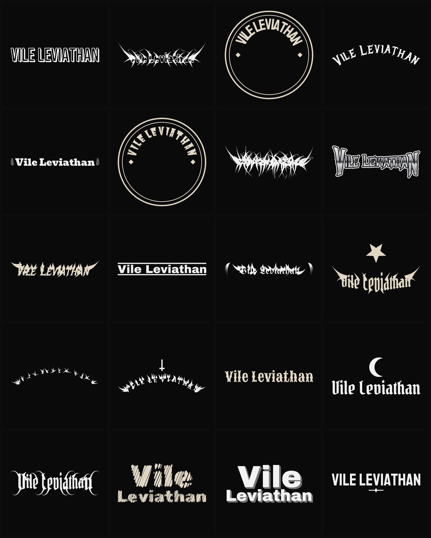 Twenty Vile Leviathan band logo ideas — different faces, treatments and spike settings