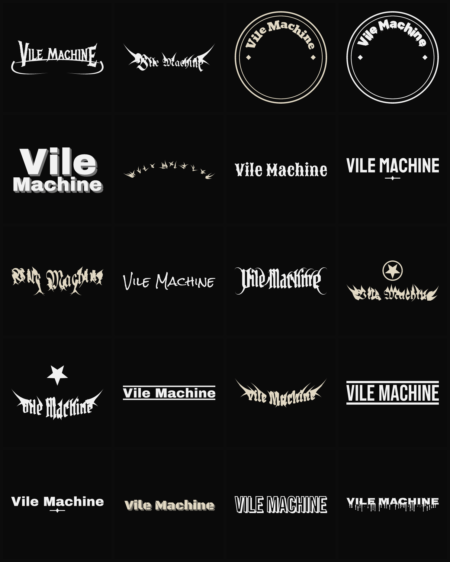 Twenty Vile Machine band logo ideas — different faces, treatments and spike settings