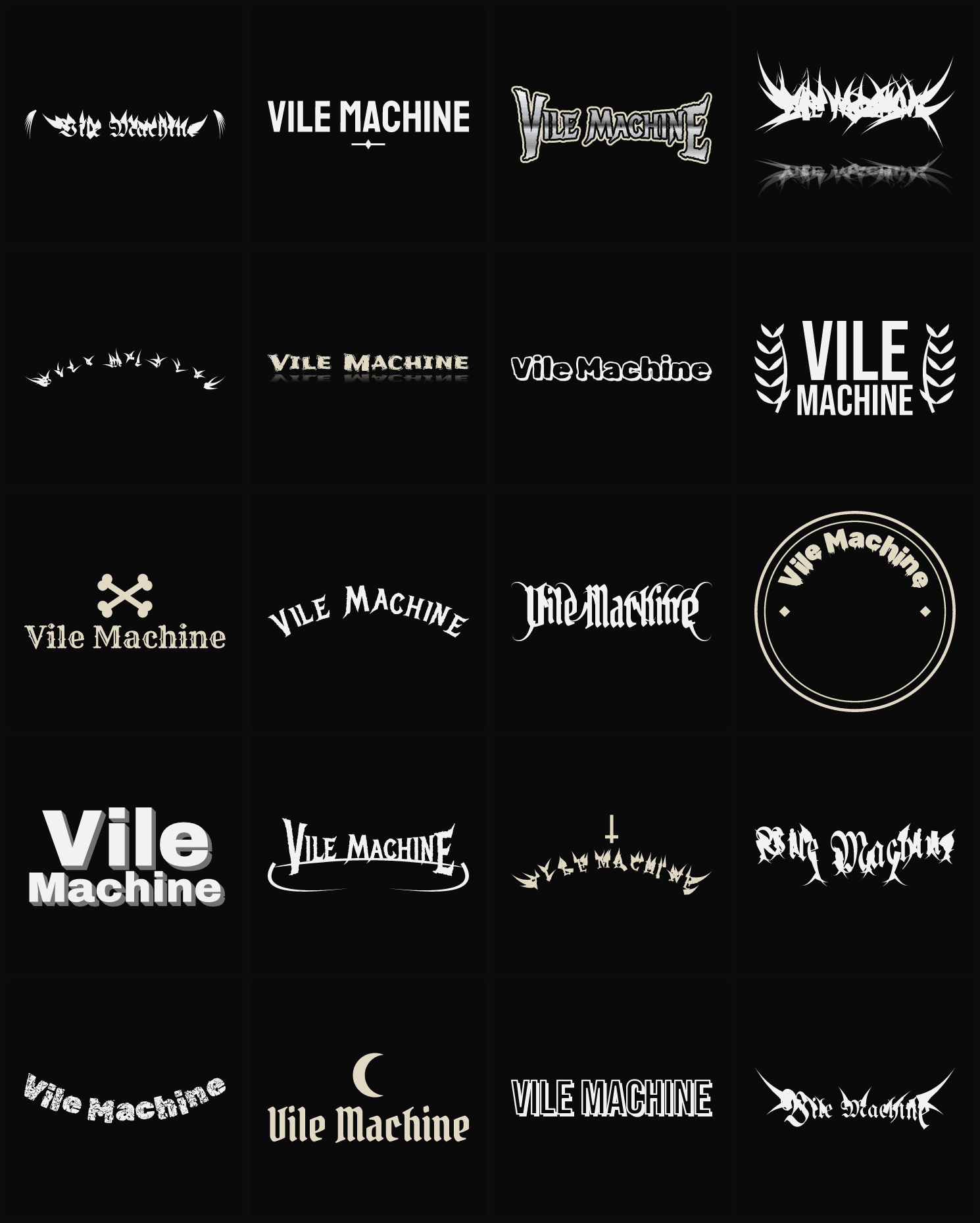 Twenty Vile Machine band logo ideas — different faces, treatments and spike settings