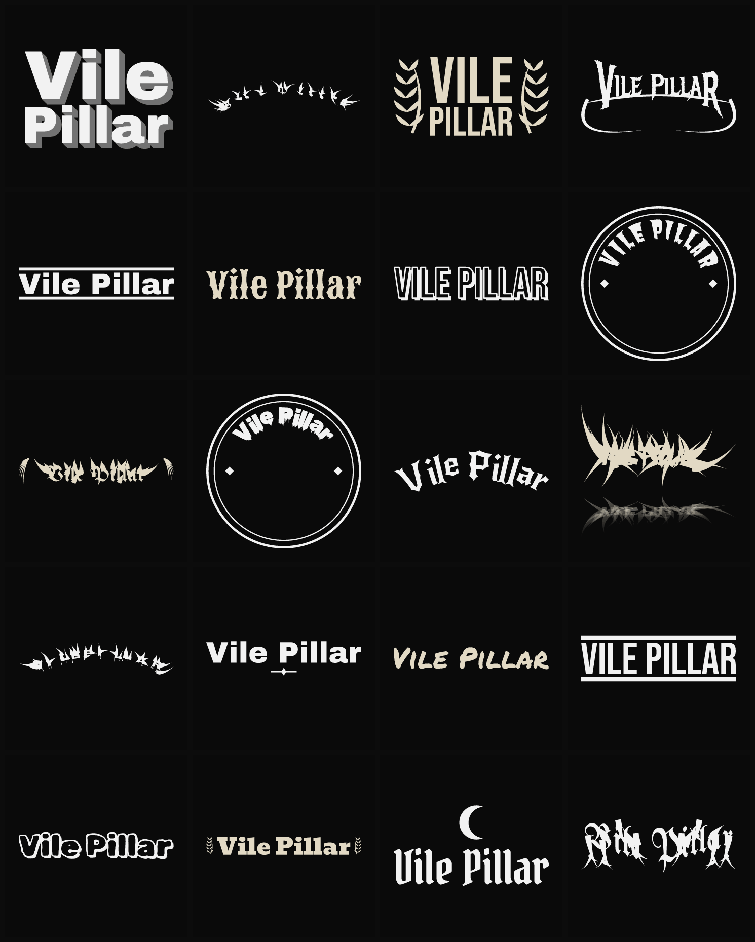 Twenty Vile Pillar band logo ideas — different faces, treatments and spike settings