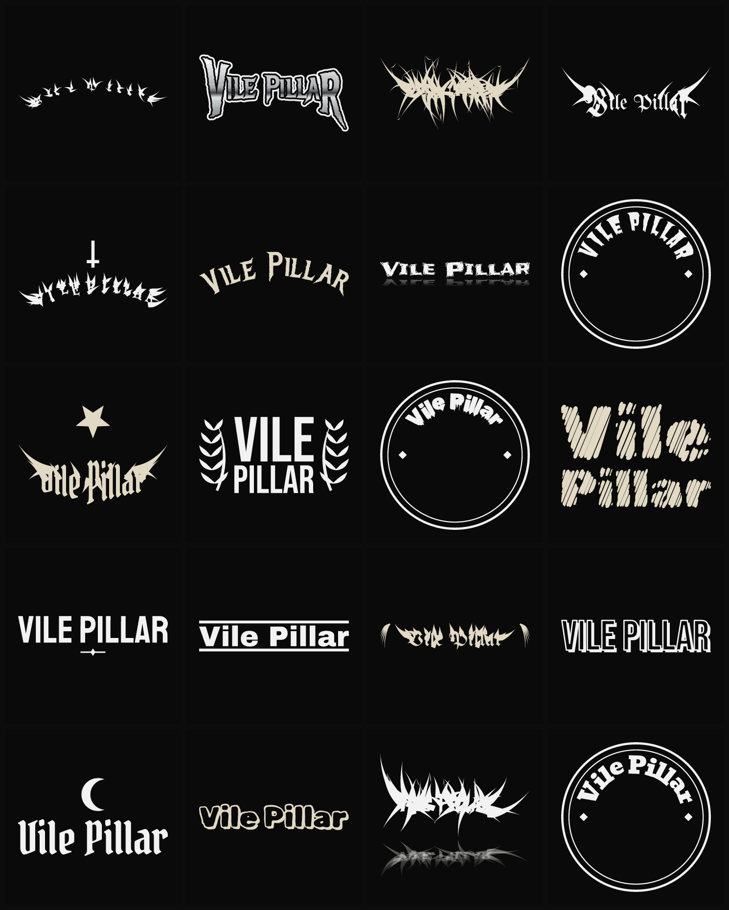 Twenty Vile Pillar band logo ideas — different faces, treatments and spike settings