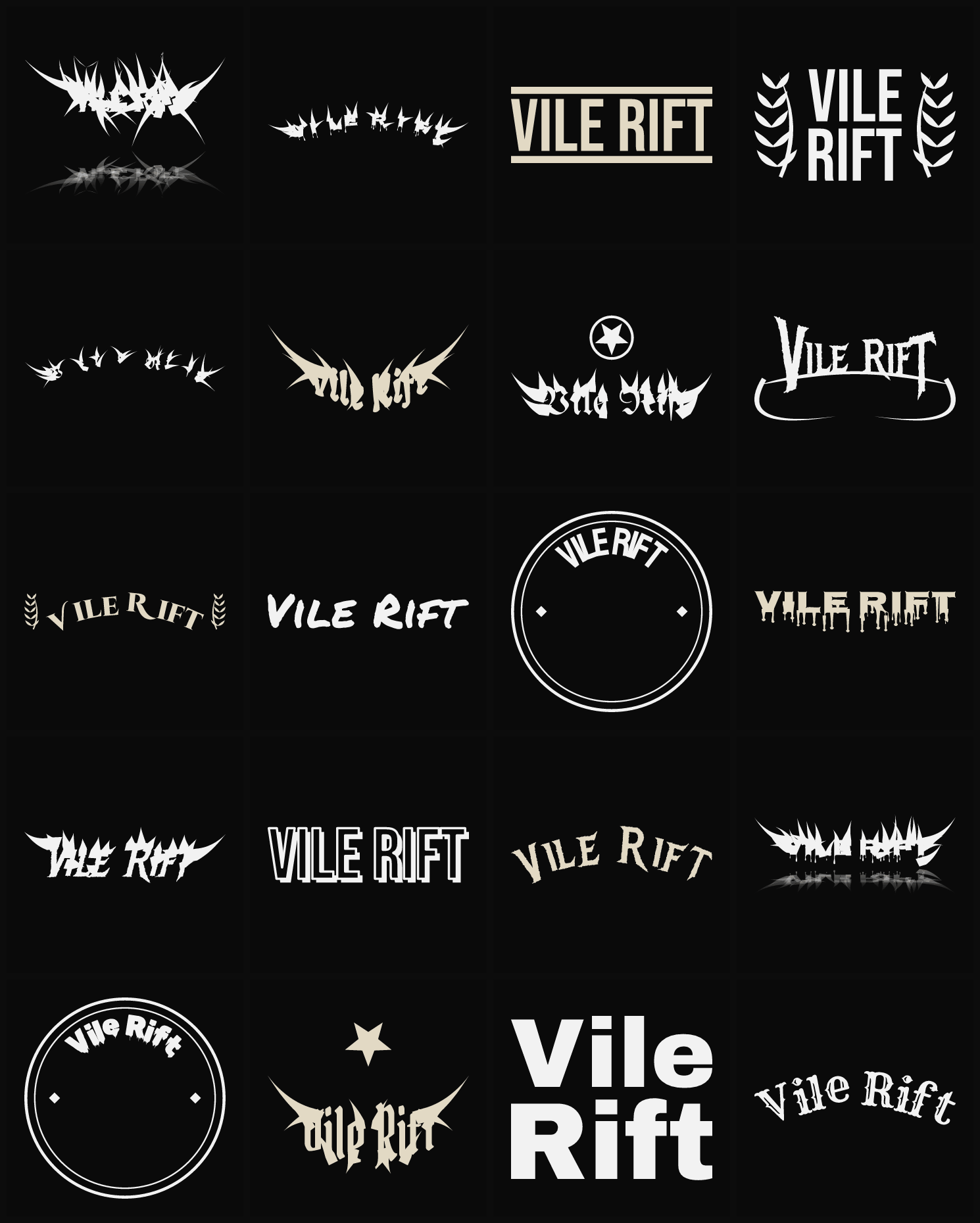 Twenty Vile Rift band logo ideas — different faces, treatments and spike settings