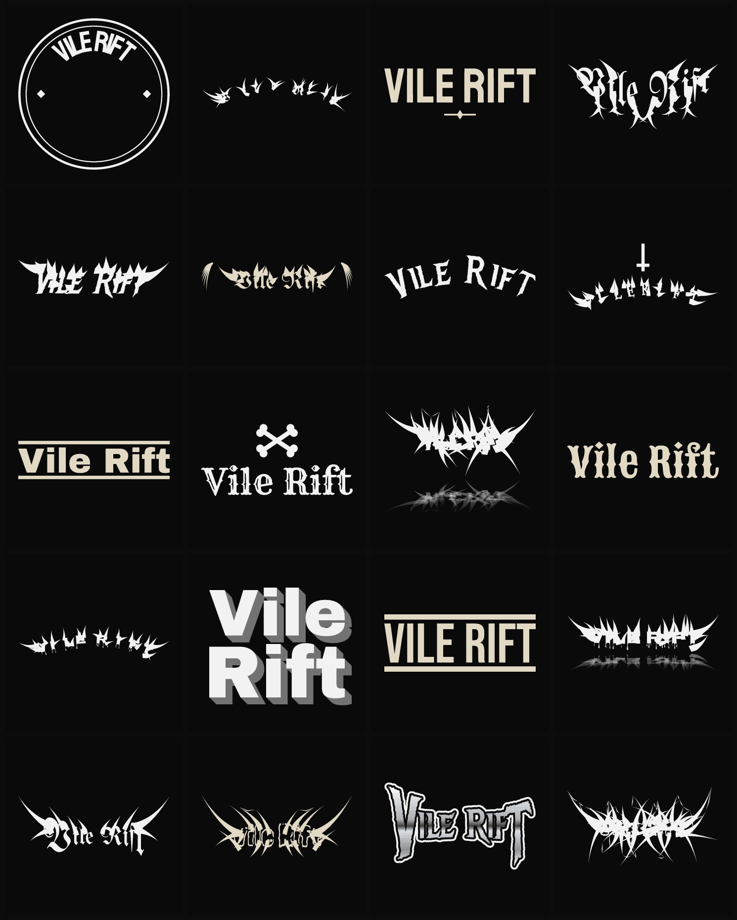 Twenty Vile Rift band logo ideas — different faces, treatments and spike settings