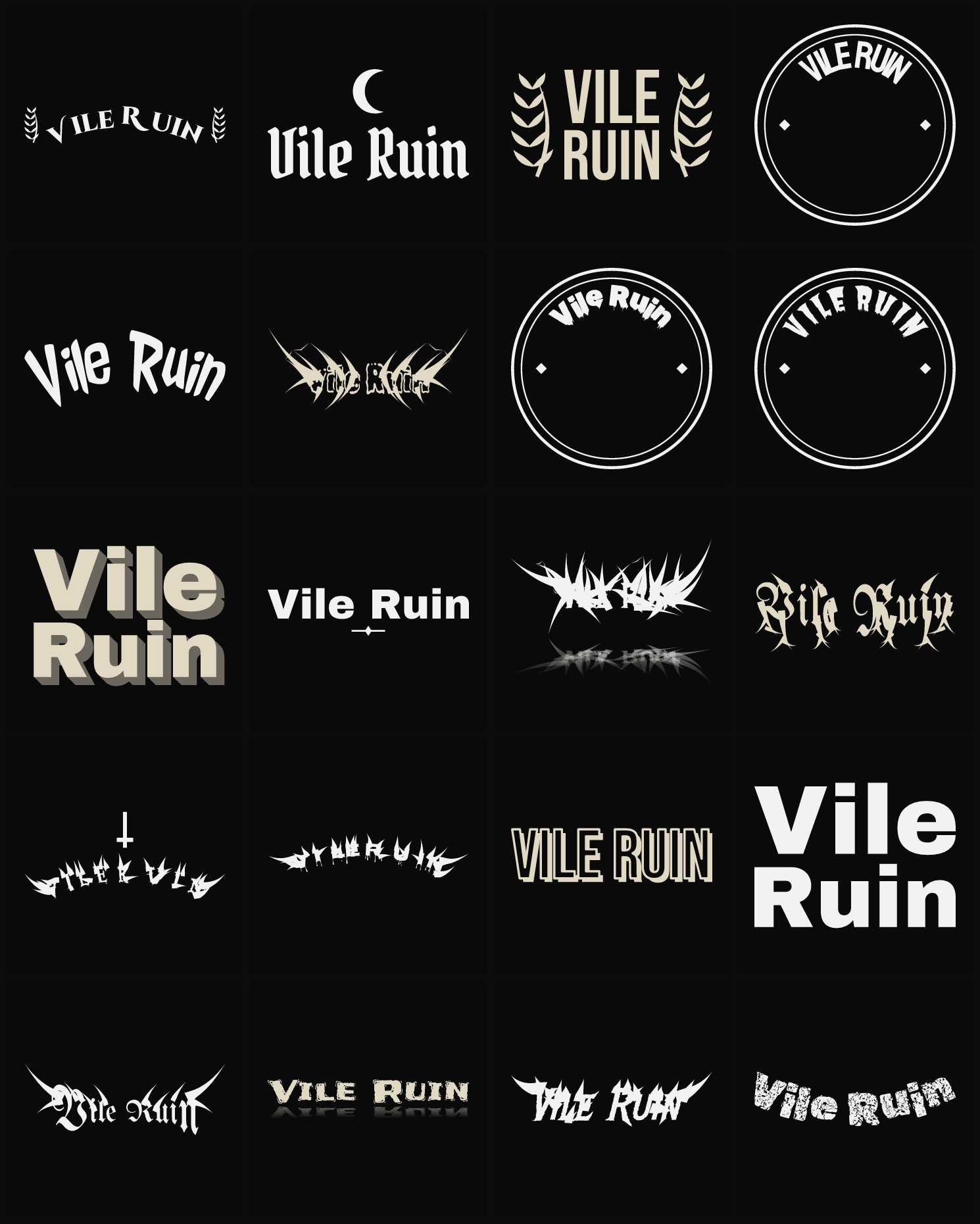 Twenty Vile Ruin band logo ideas — different faces, treatments and spike settings