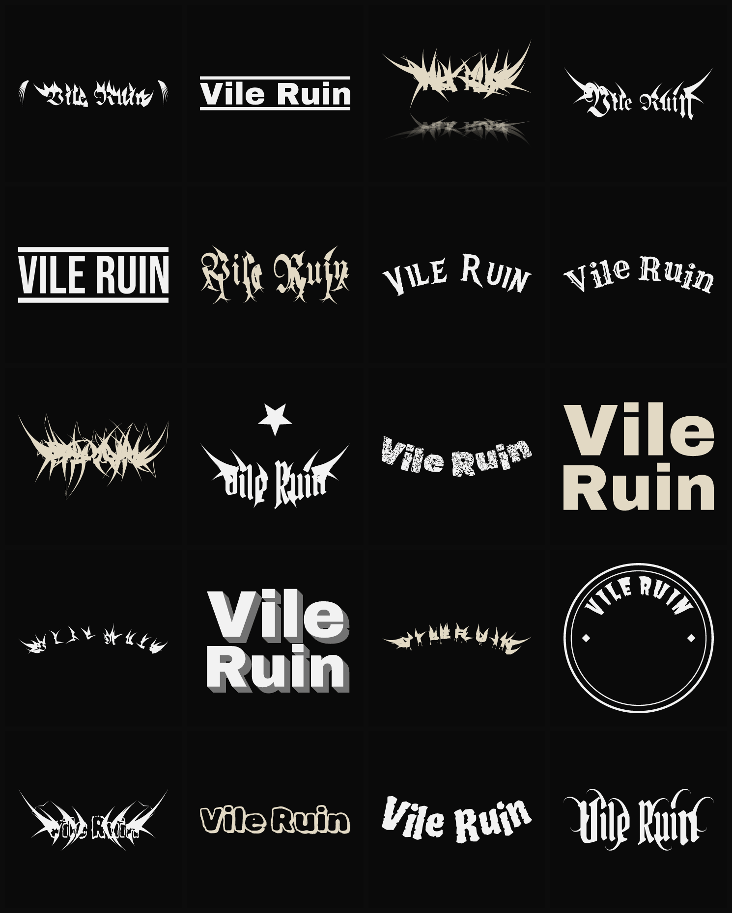 Twenty Vile Ruin band logo ideas — different faces, treatments and spike settings