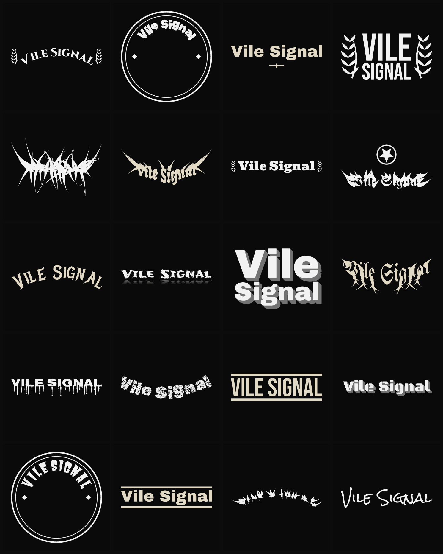 Twenty Vile Signal band logo ideas — different faces, treatments and spike settings